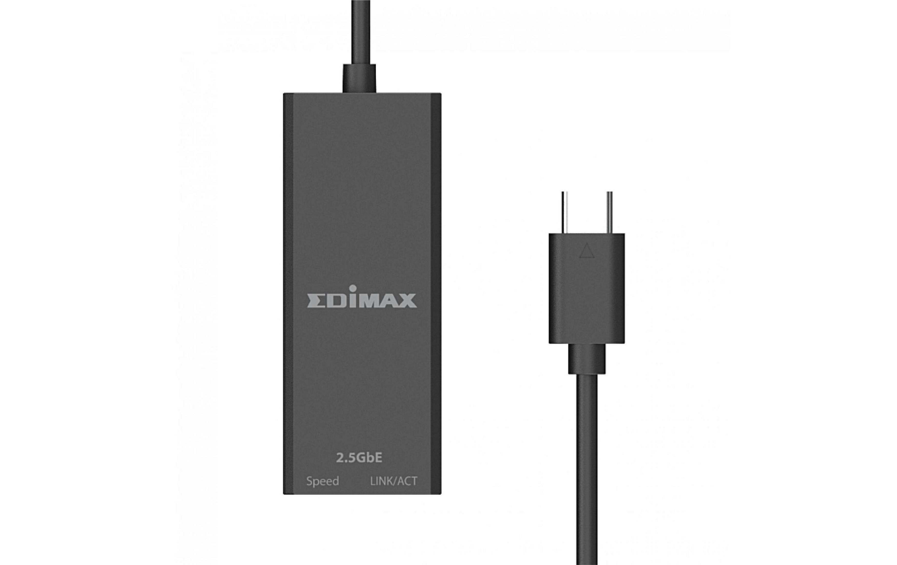 Czarny adapter Edimax USB-C do 2.5GbE z kablem i wtyczką.