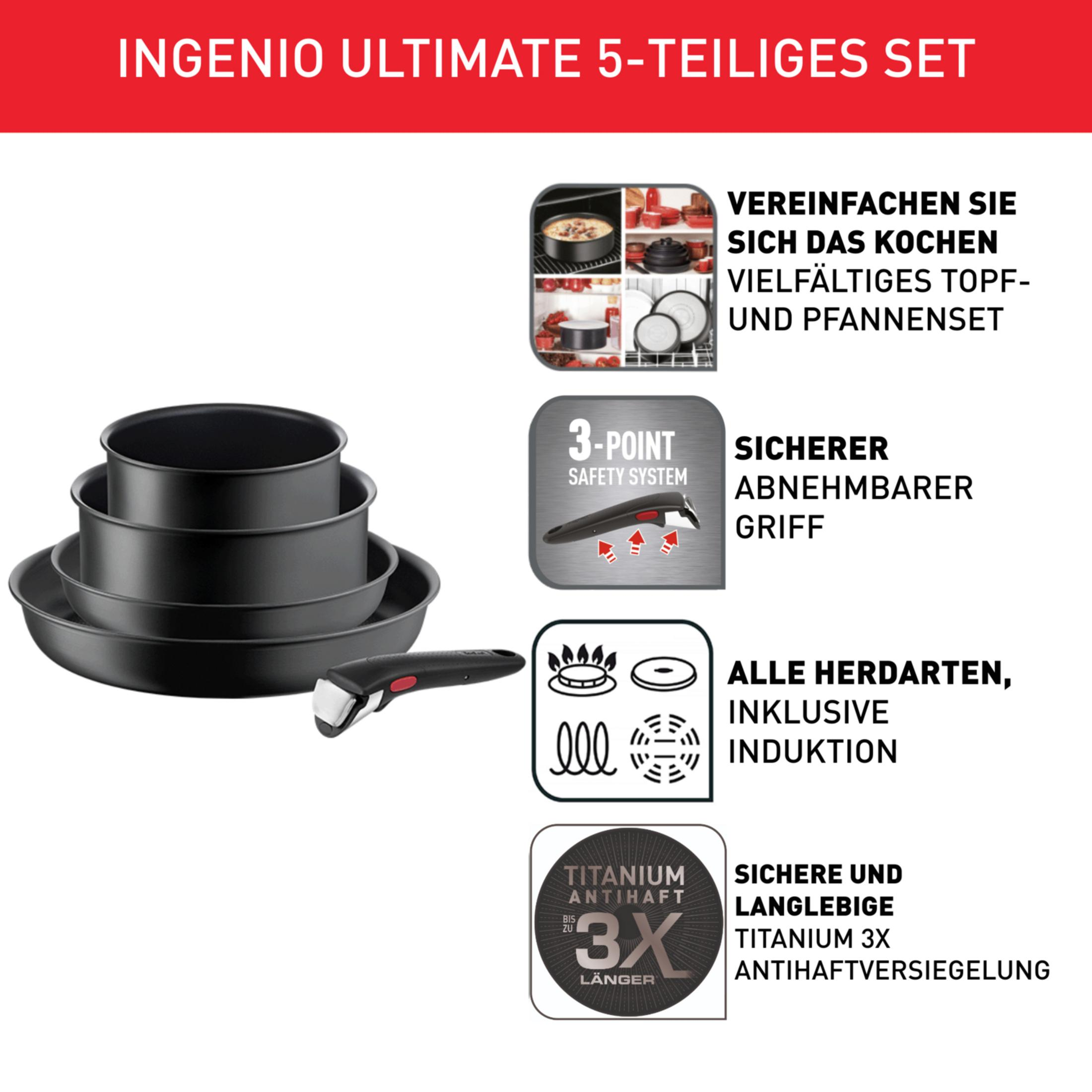 Un juego de 5 piezas de cocina Ingenio Ultimate con mango desmontable y apto para inducción.