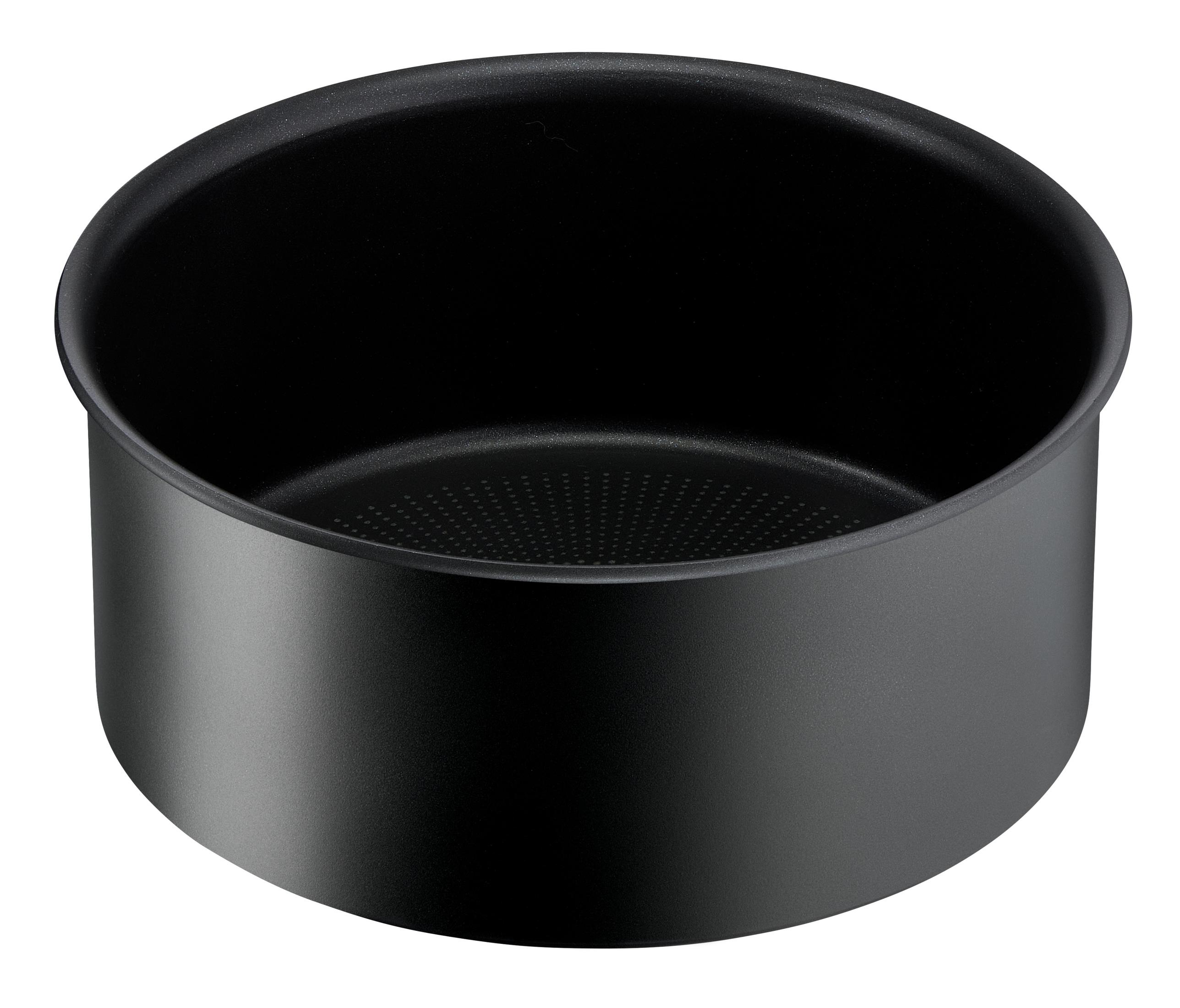 Una olla negra con un patrón de puntos en el fondo.
