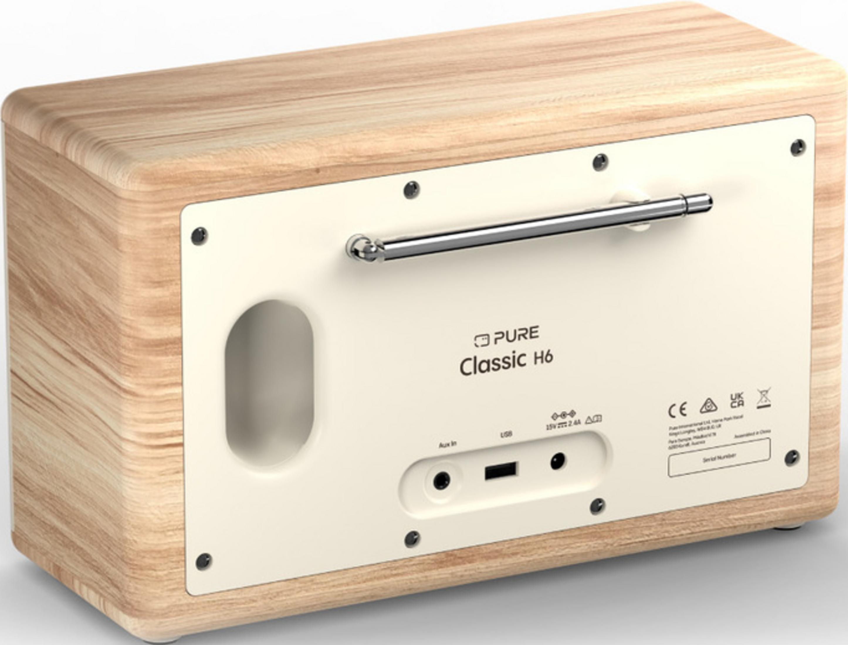 Rückseite eines Radios mit Holzmaserung und Anschlüssen wie Aux In, USB.