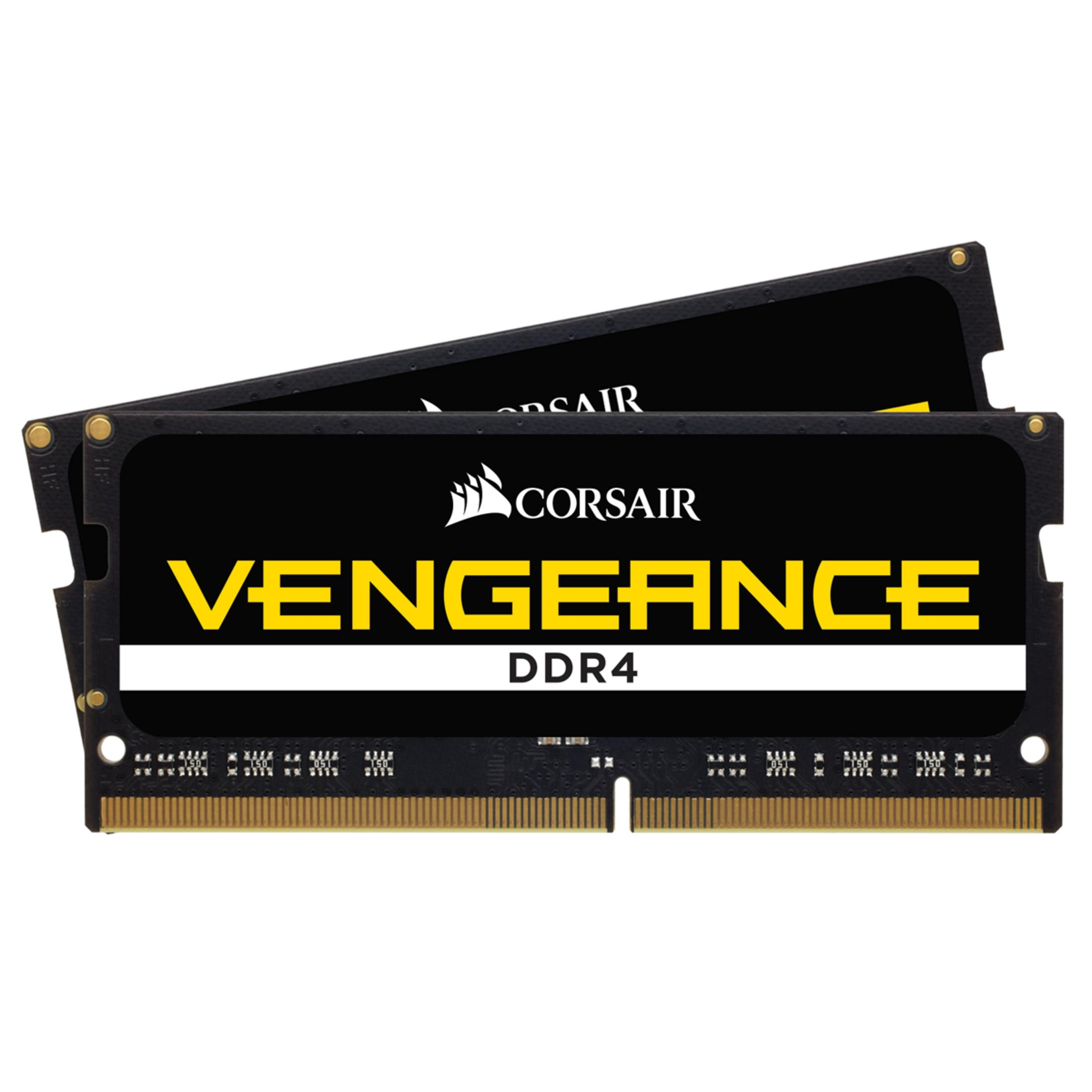 Dwa czarne moduły RAM Corsair Vengeance DDR4 ze złotymi stykami.