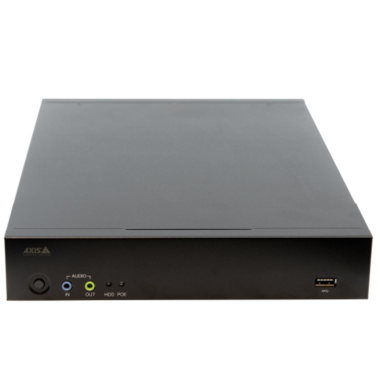 Schwarzes Axis-Gerät mit Anschlüssen: Power, Audio In/Out, HDD, POE und USB.