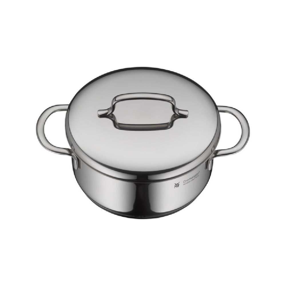 Błyszczący srebrny garnek z pokrywką i uchwytami.