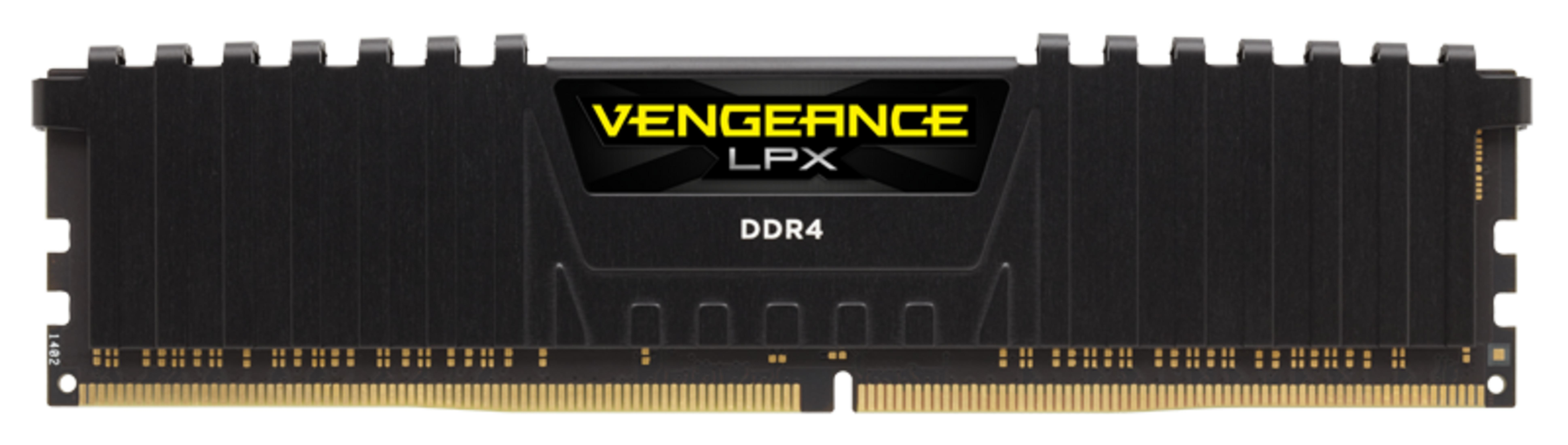 Czarny moduł RAM DDR4 z żółtym napisem VENGEANCE LPX.