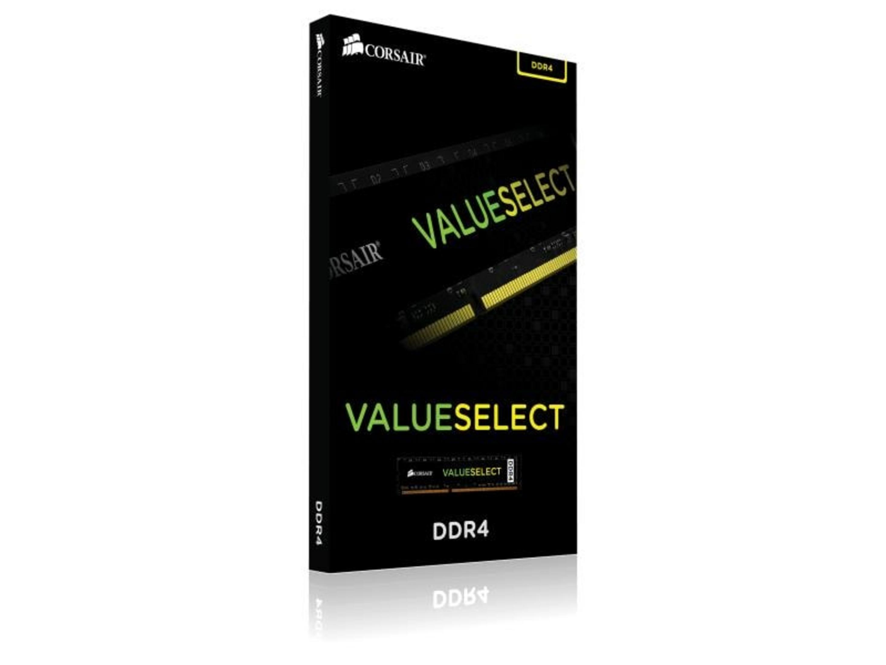 Embalaje Corsair ValueSelect DDR4 RAM con imagen del producto.