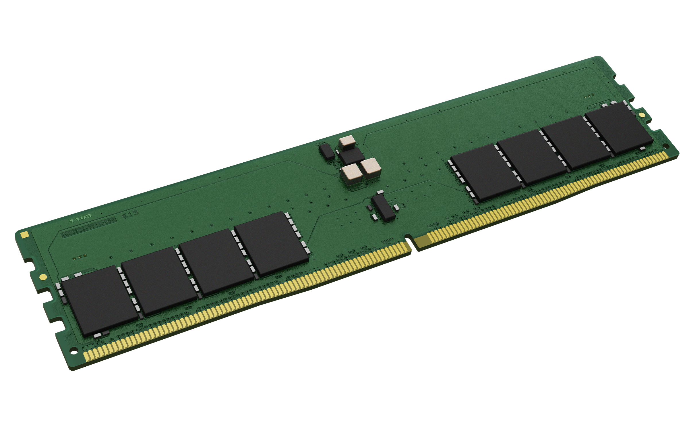 Un modulo RAM verde con chip neri e connettore dorato.