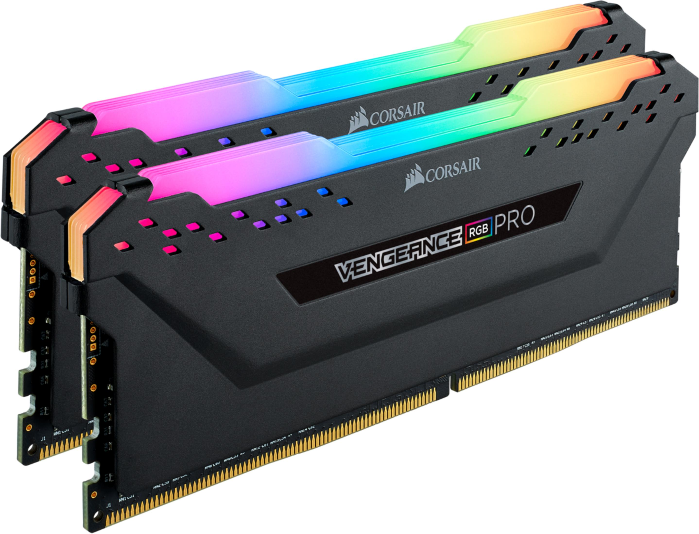 Dwa moduły RAM Corsair Vengeance RGB Pro z czarnymi radiatorami i kolorowymi diodami.