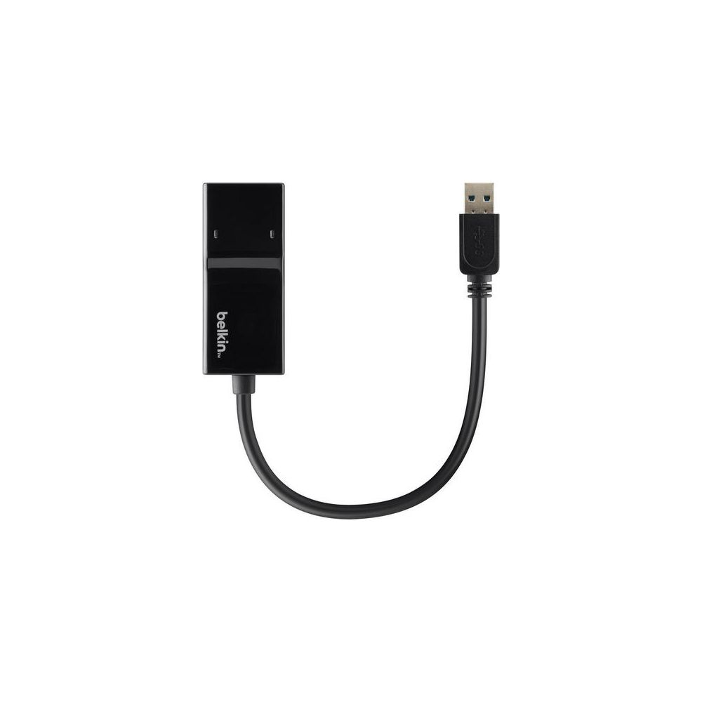 Un adaptador USB Belkin negro con cable y conector USB-A.
