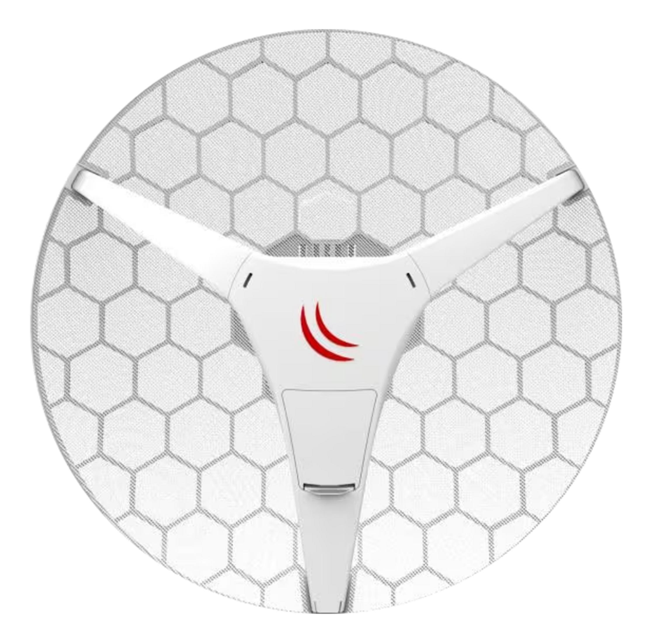 Een wit antenneapparaat met honingraatpatroon en rood logo.
