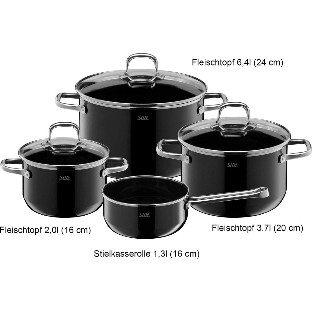 Cinq casseroles noires avec couvercles en verre de différentes tailles.