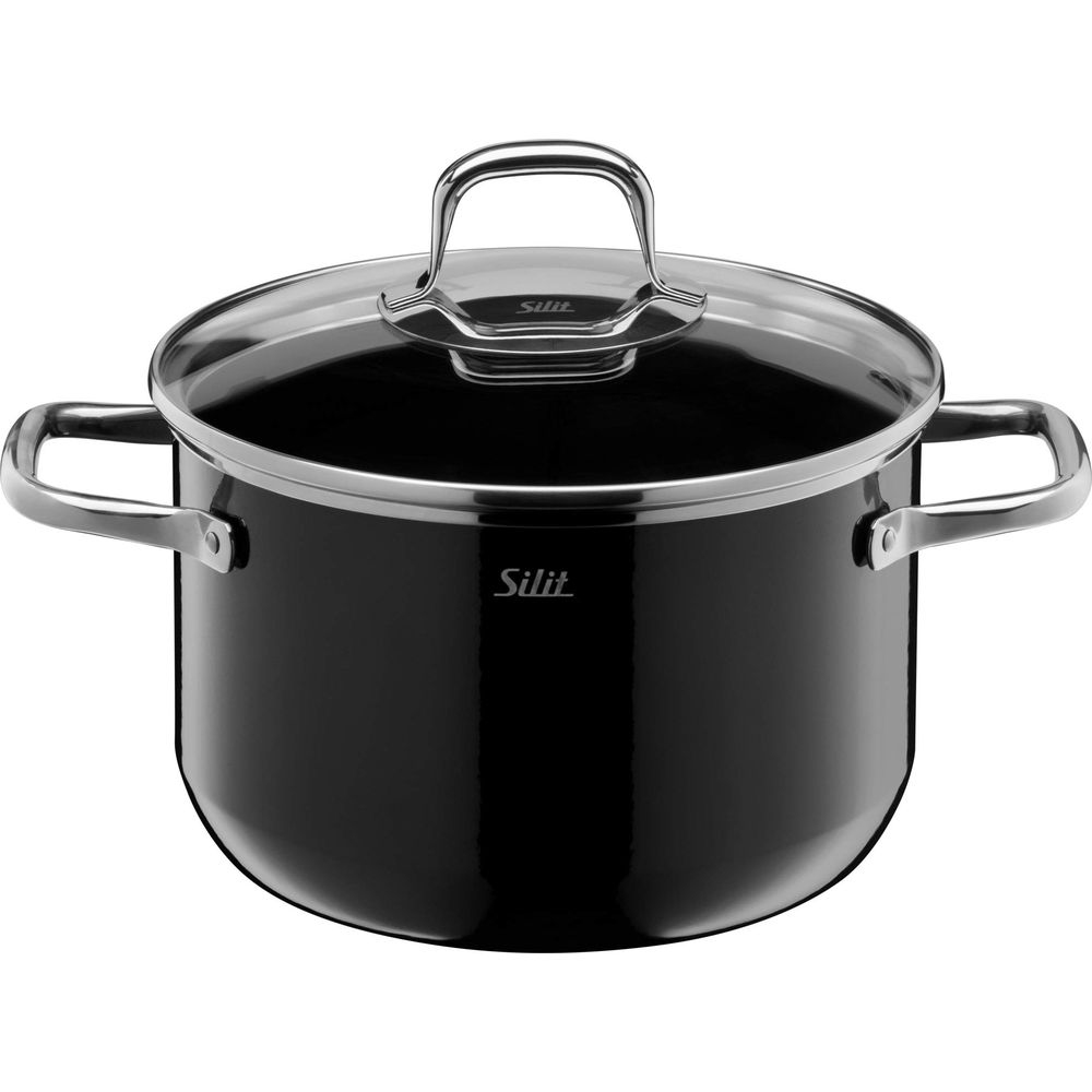 Casserole noire avec couvercle en verre et deux poignées inox.