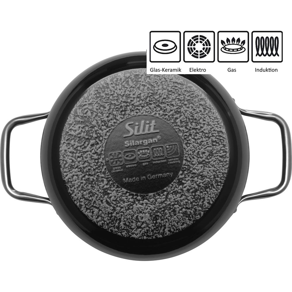Dessous d'une casserole noire avec logo Silargan et symboles de plaque.
