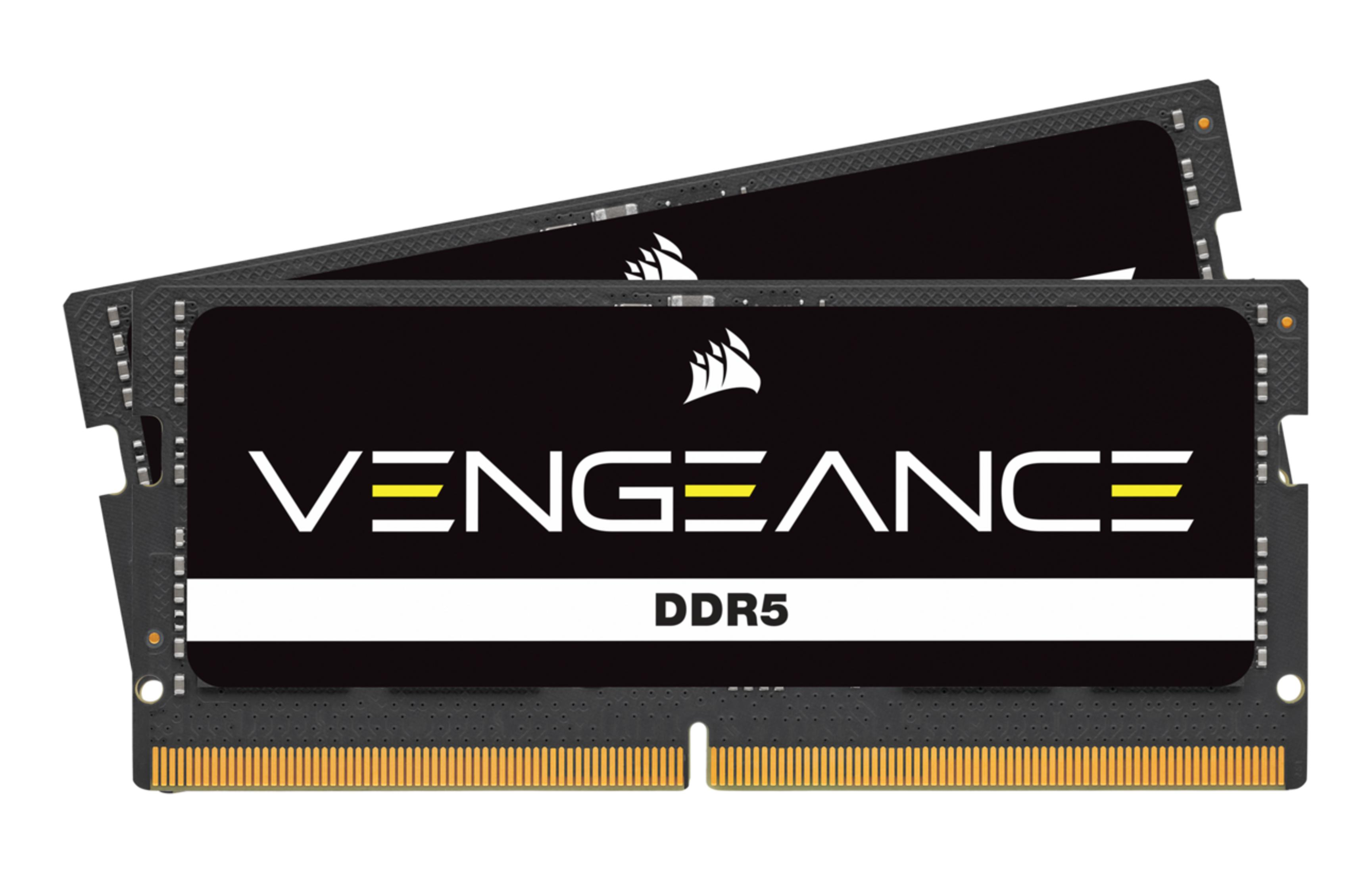 Dwa czarne moduły RAM z żółtymi akcentami, oznaczone 'VENGEANCE DDR5'.