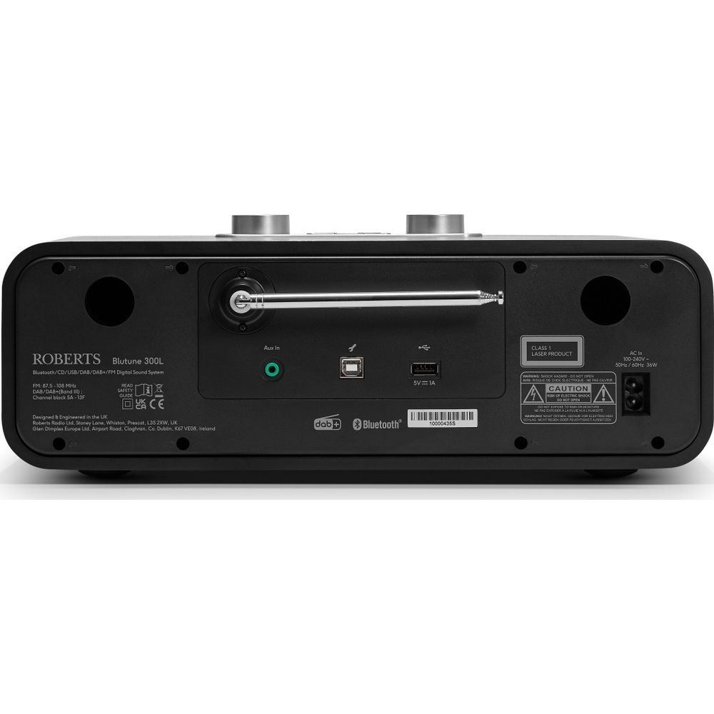 Rückseite eines schwarzen Roberts Blutune 300L Radios mit Anschlüssen und Beschriftungen.