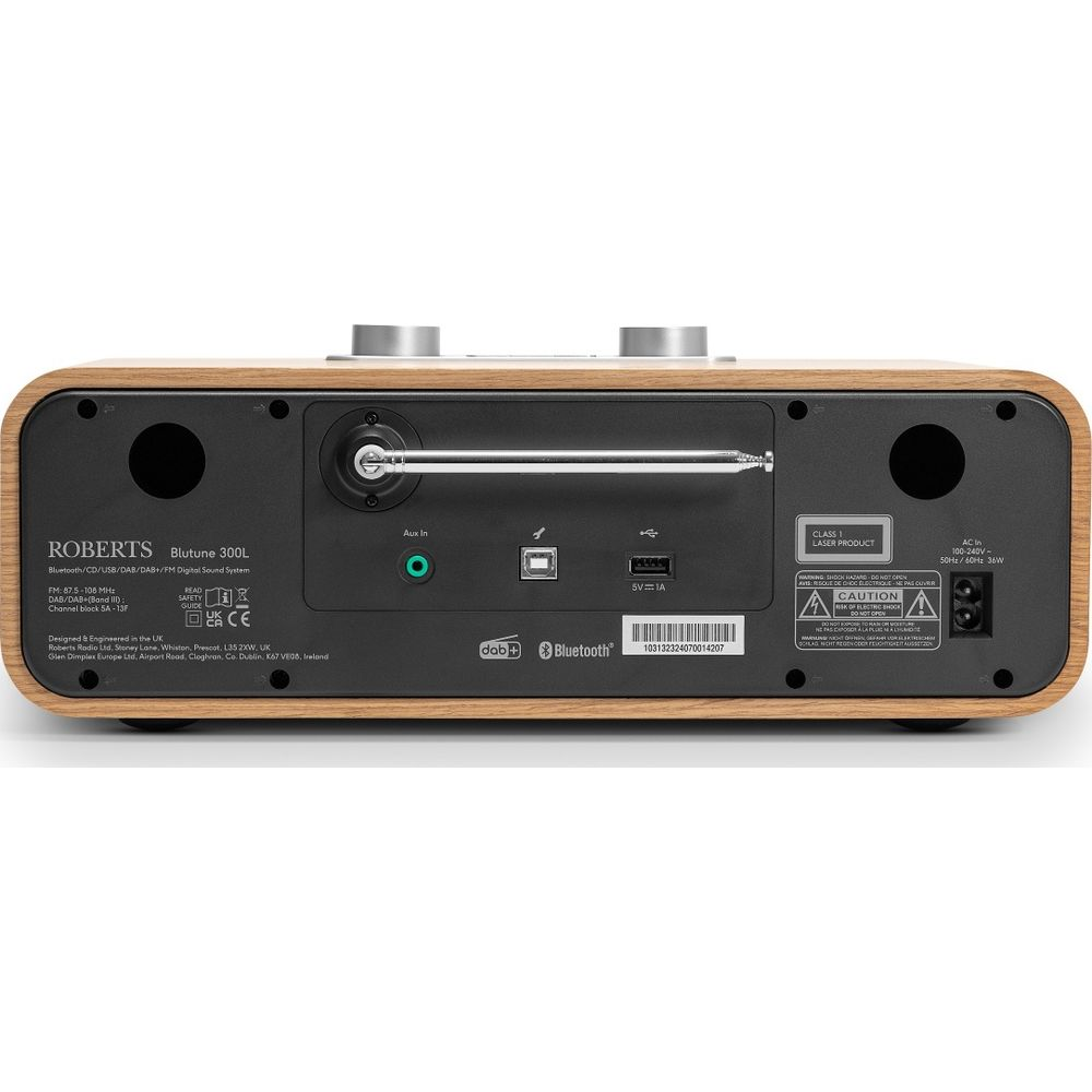 Retro di una radio in legno con porte: Aux In, USB, alimentazione ed etichette di avvertenza.