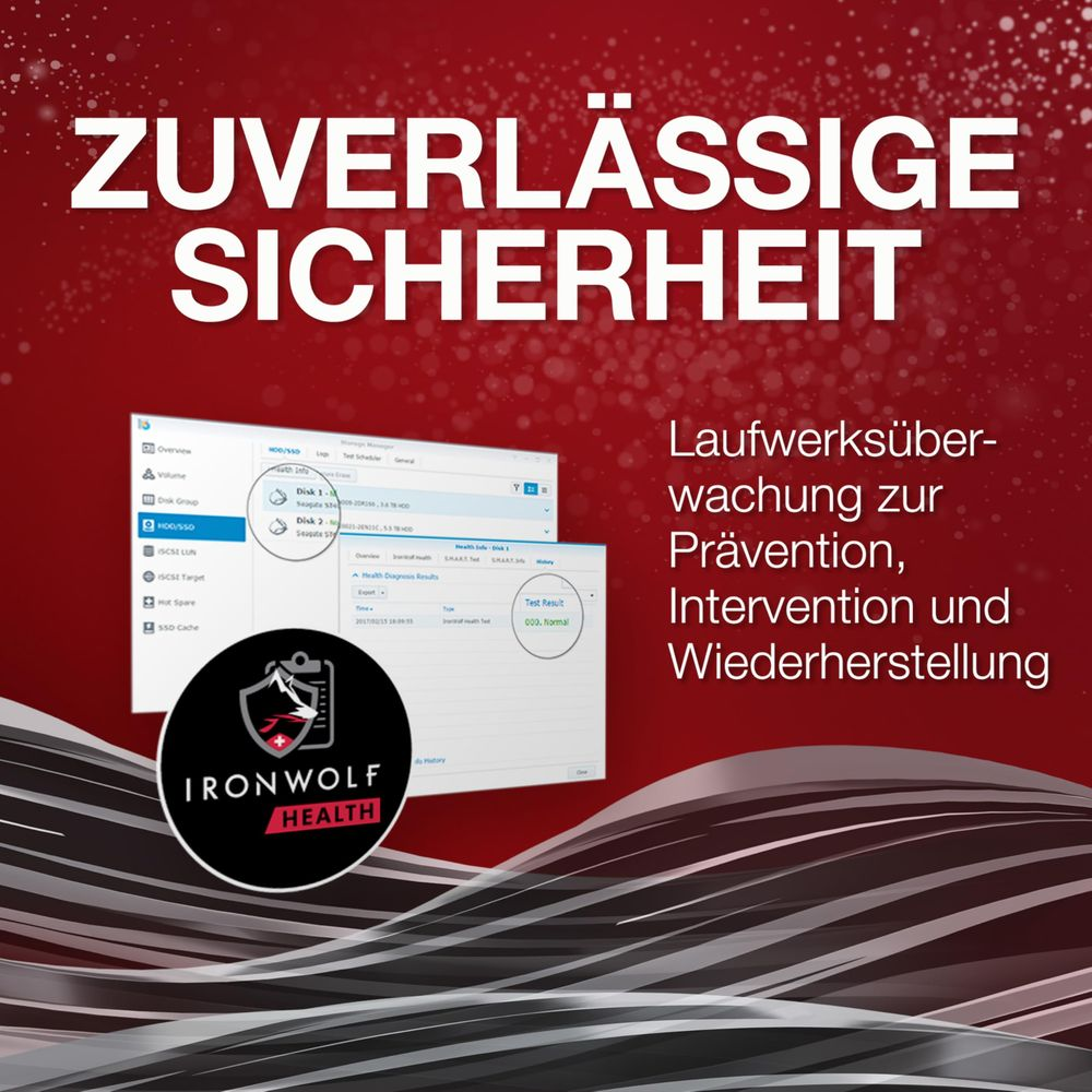 Czerwona grafika z napisem 'Niezawodne bezpieczeństwo' i 'Monitorowanie dysku w celu zapobiegania, interwencji i odzyskiwania'.