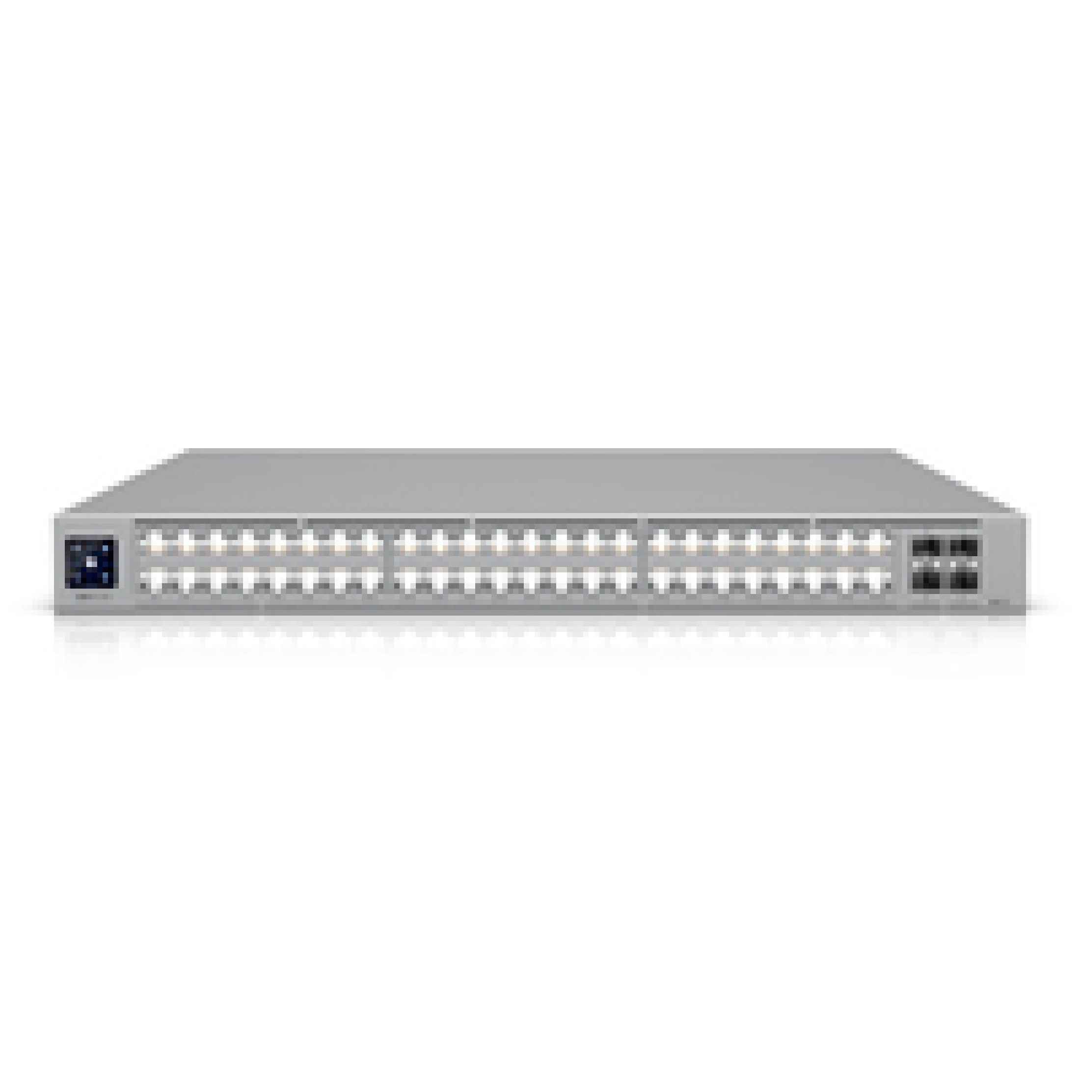 Ein silberner Netzwerk-Switch mit vielen Lichtern und Anschlüssen.