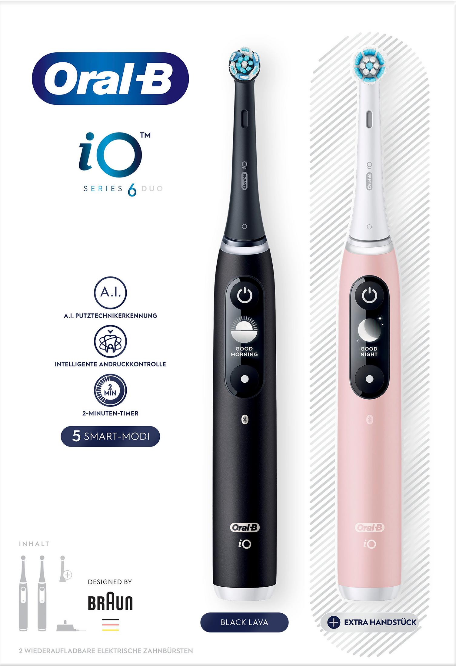 Dwa elektryczne szczoteczki do zębów Oral-B iO Series 6 Duo, czarna i różowa.