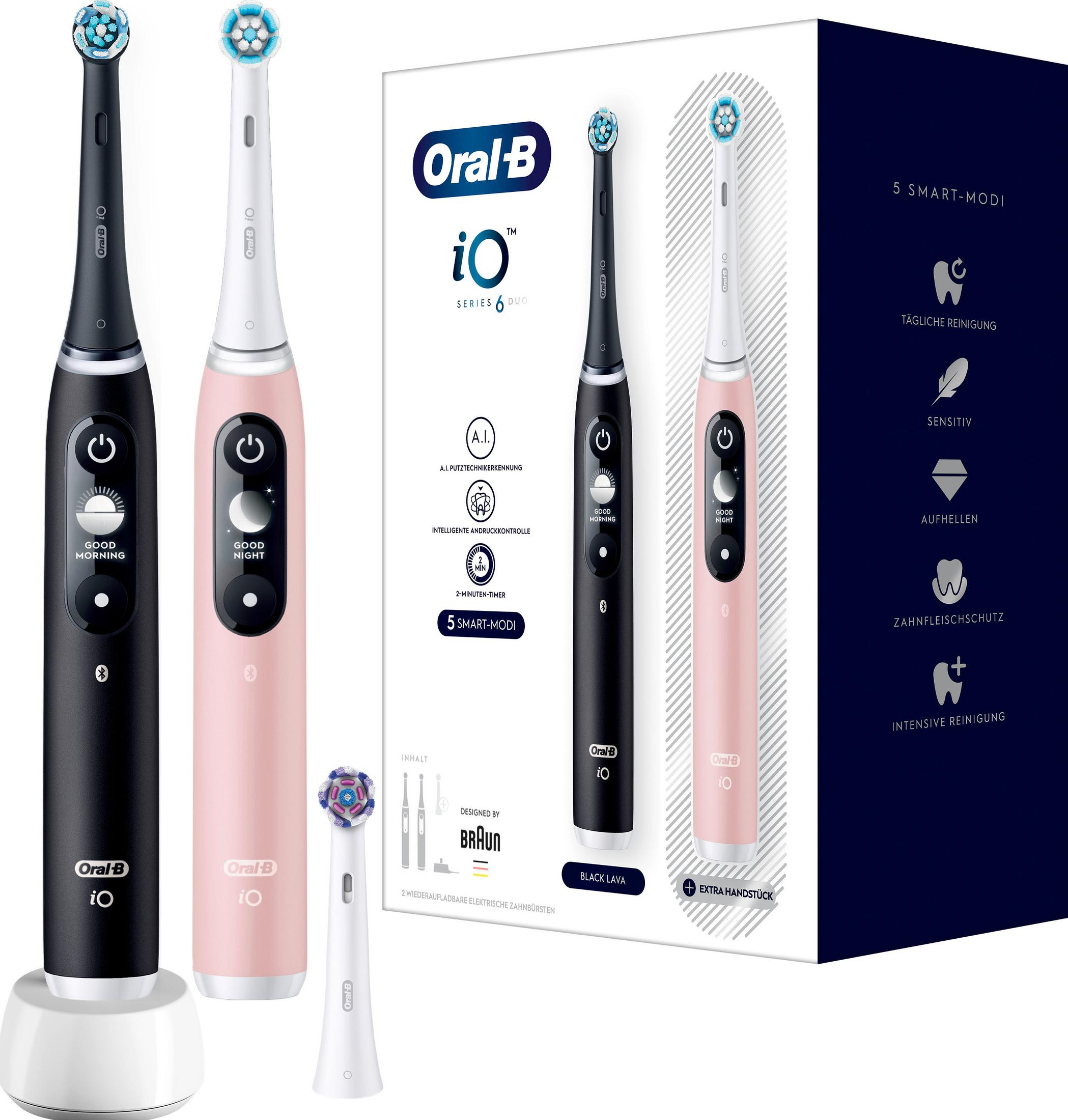 Dwa elektryczne szczoteczki do zębów Oral-B iO Series 6, czarna i różowa, ze stacją ładującą.