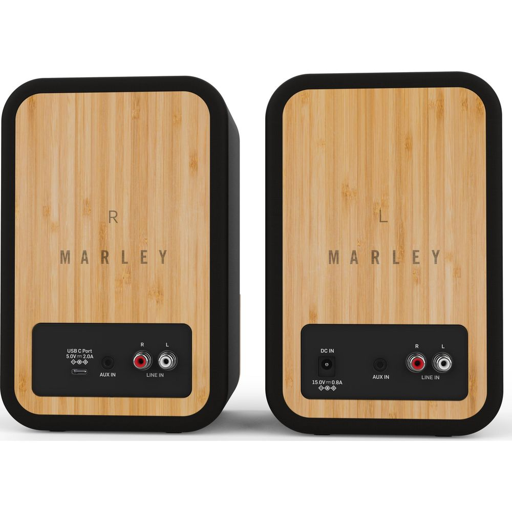 Deux enceintes Marley avec façade imitation bois et contour noir. Vue arrière montre les ports.