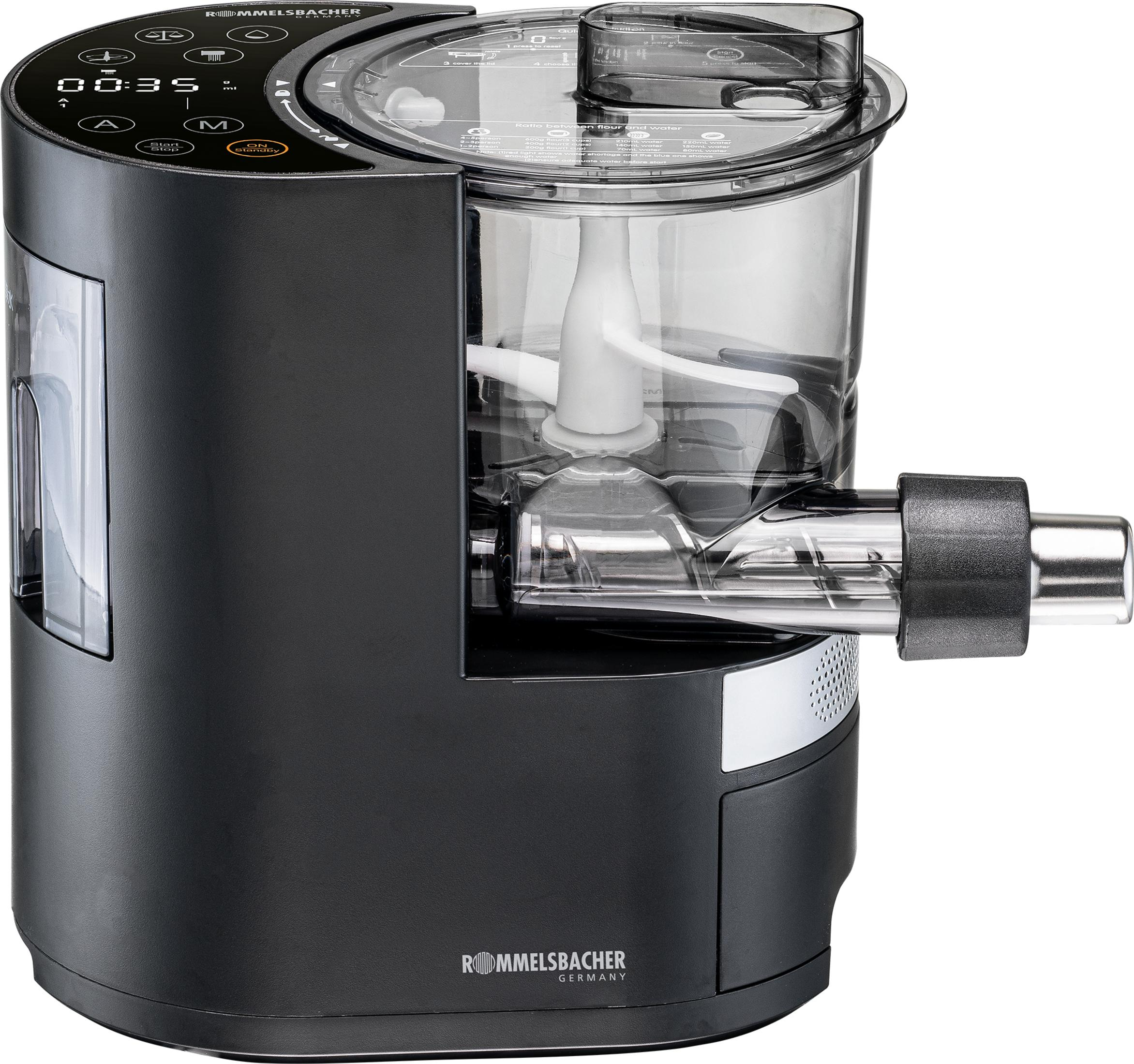 Czarna maszynka do makaronu z przezroczystym pojemnikiem i cyfrowym wyświetlaczem.