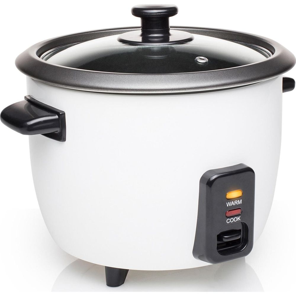 Une mijoteuse à riz blanche avec couvercle en verre et poignées noires.