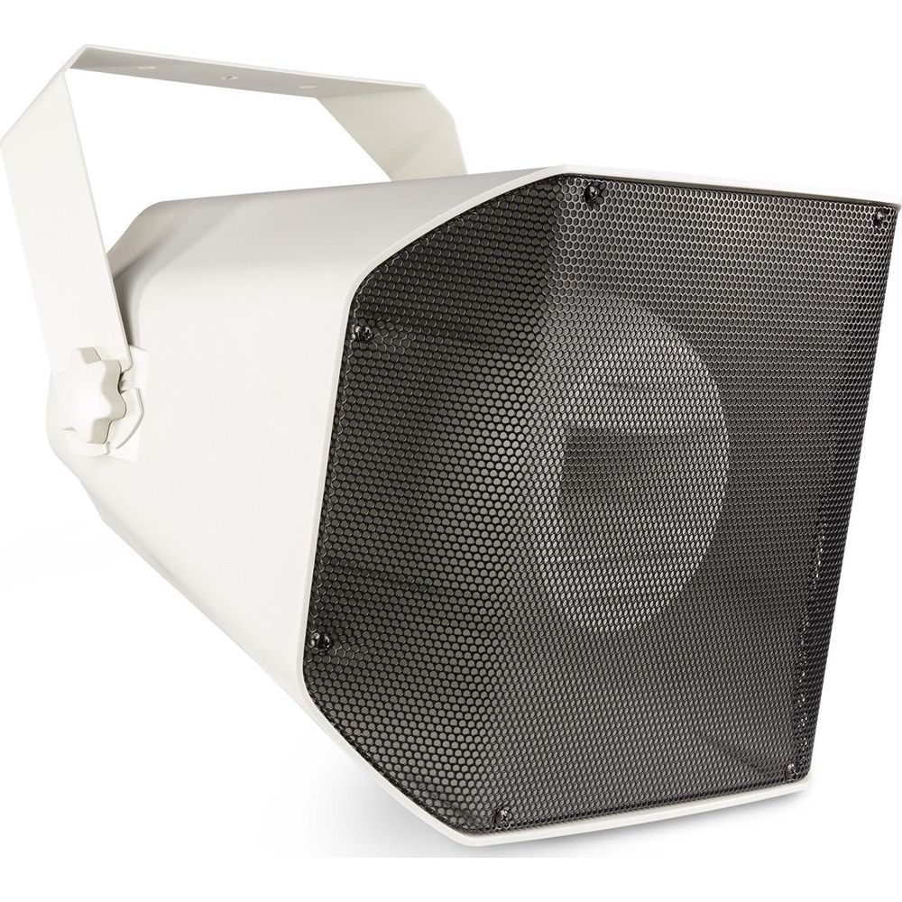 Altavoz blanco con rejilla negra y soporte de montaje.