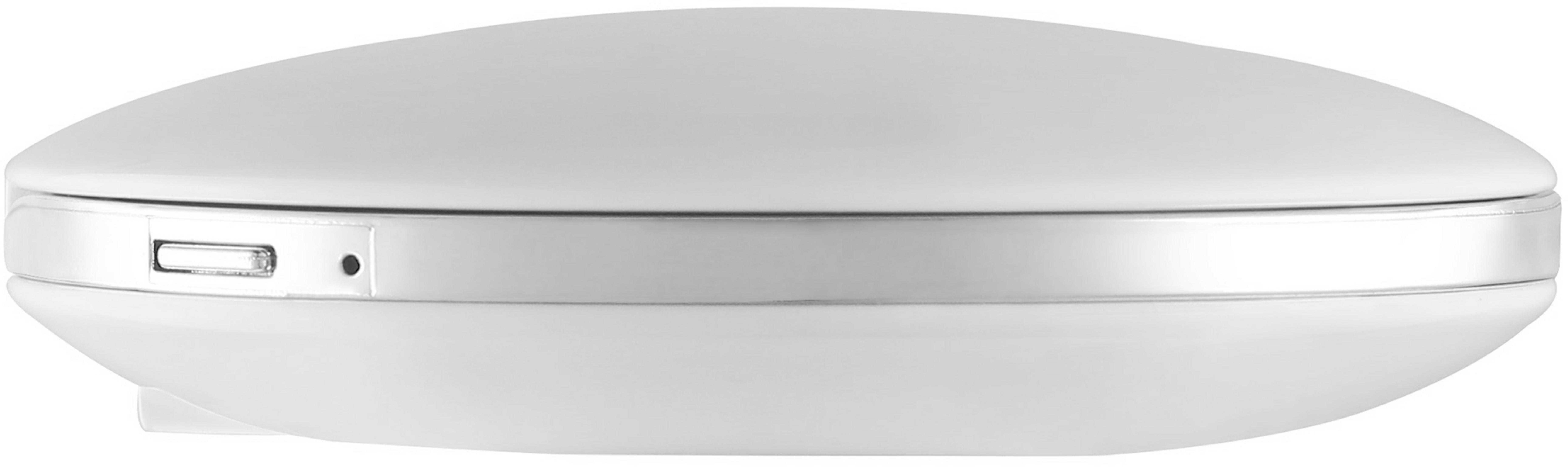 Eine weiße, elliptische Box mit einem silbernen Streifen und einem kleinen Knopf auf der linken Seite.