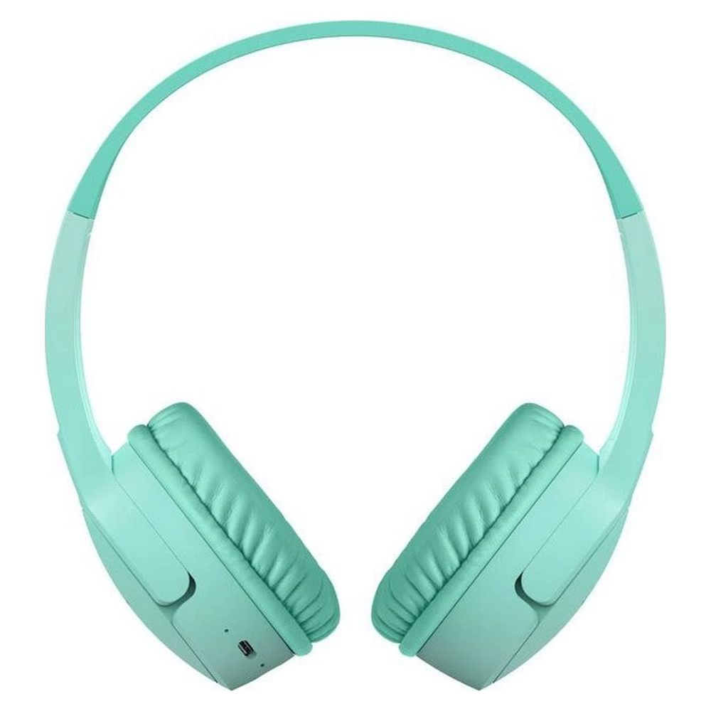 Turkusowe słuchawki z wyściełanymi nausznikami i pałąkiem. Prosty design.