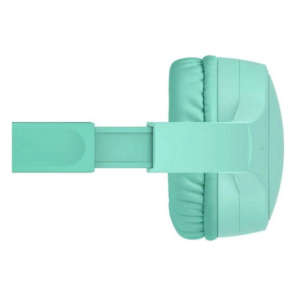 Turkusowe słuchawki z wyściełanym nausznikiem i regulowanym pałąkiem.