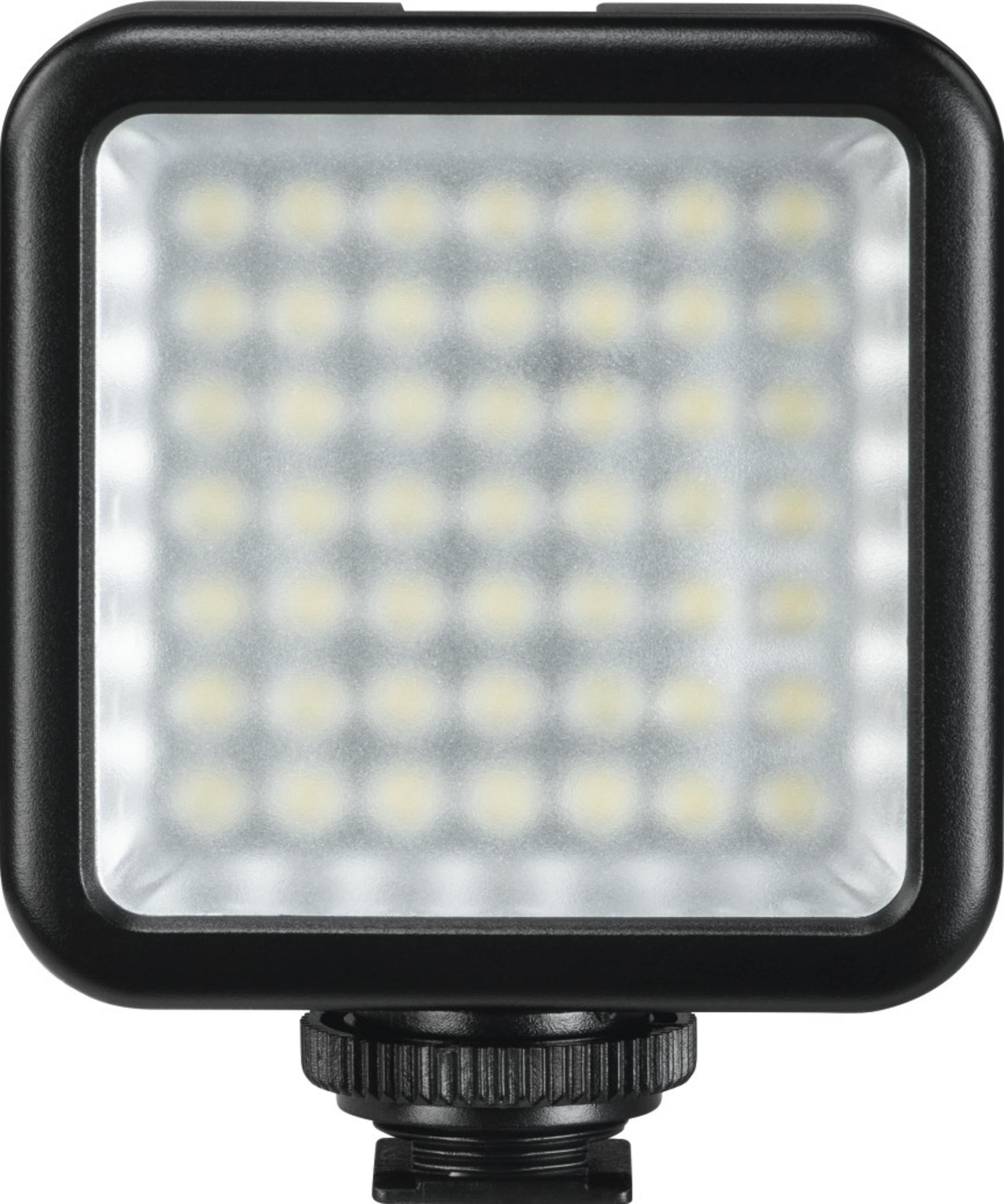 Un panel de luz LED negro con frente difuso y montura de adaptador roscado.