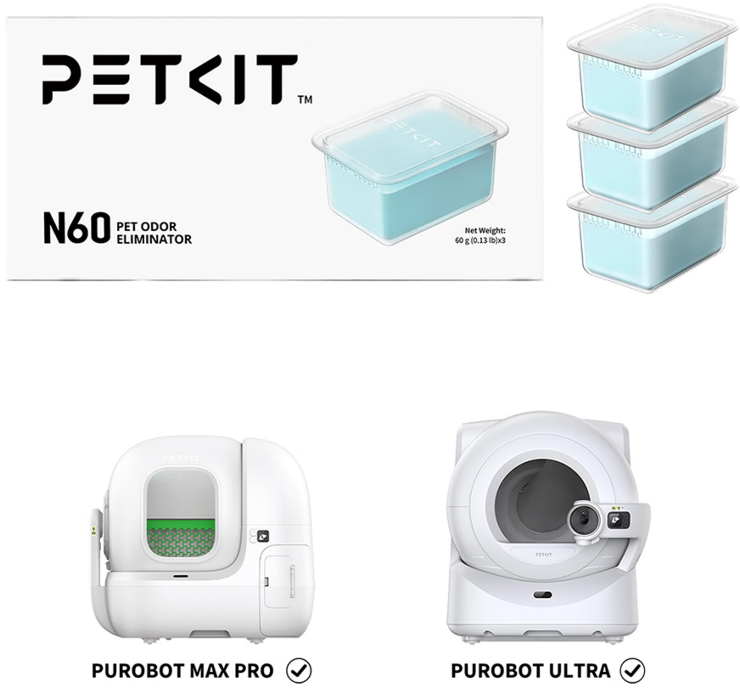 PETKIT N60 Geruchsneutralisierer und zwei Katzenklo-Roboter.