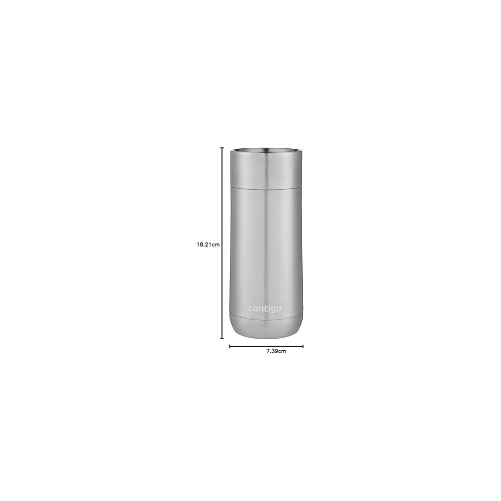 Eine silberne Contigo-Flasche mit Maßen 18,21 cm Höhe und 7,39 cm Breite.