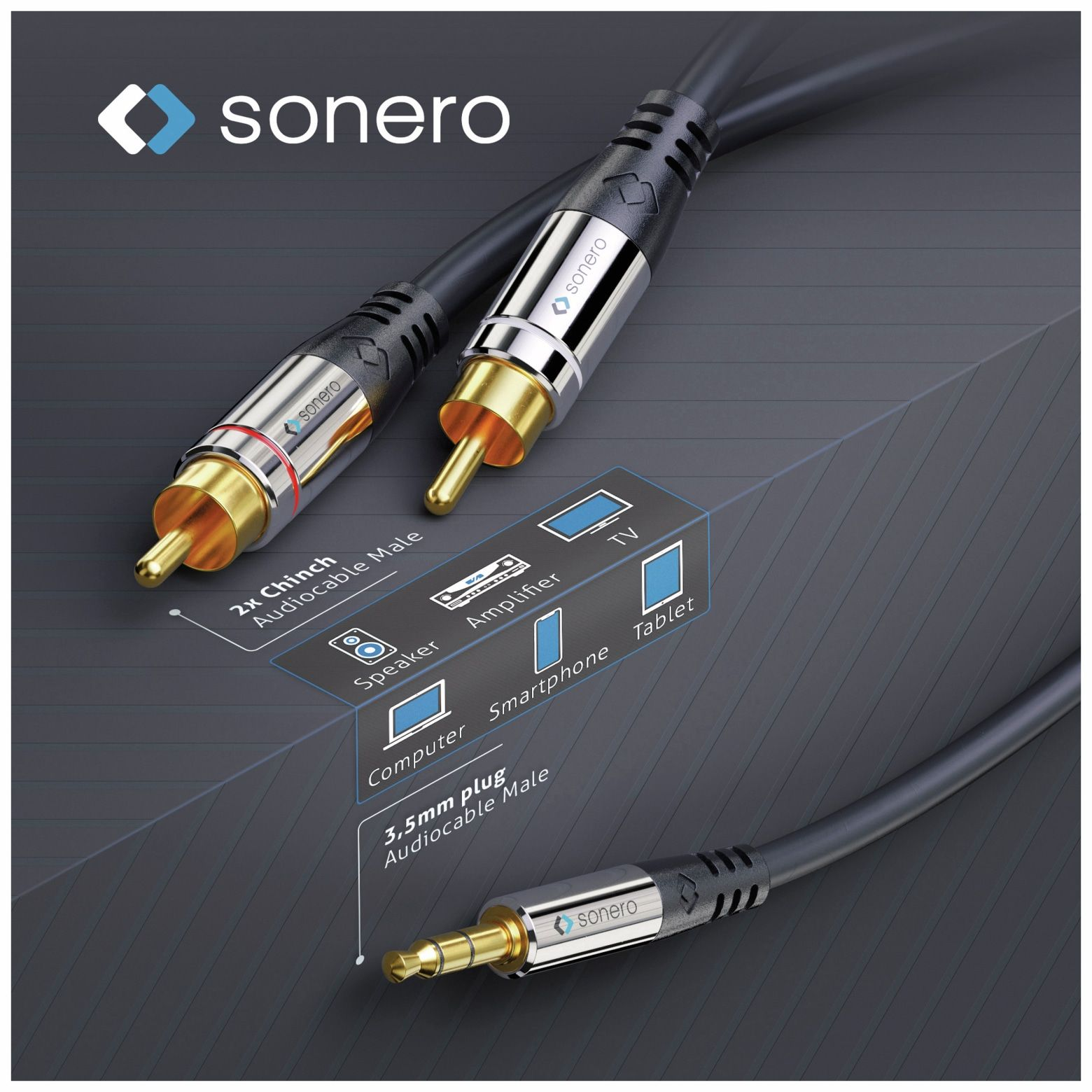 Câble audio Sonero : 2x RCA vers jack 3,5 mm. Pour PC, smartphone, TV, amplificateur.