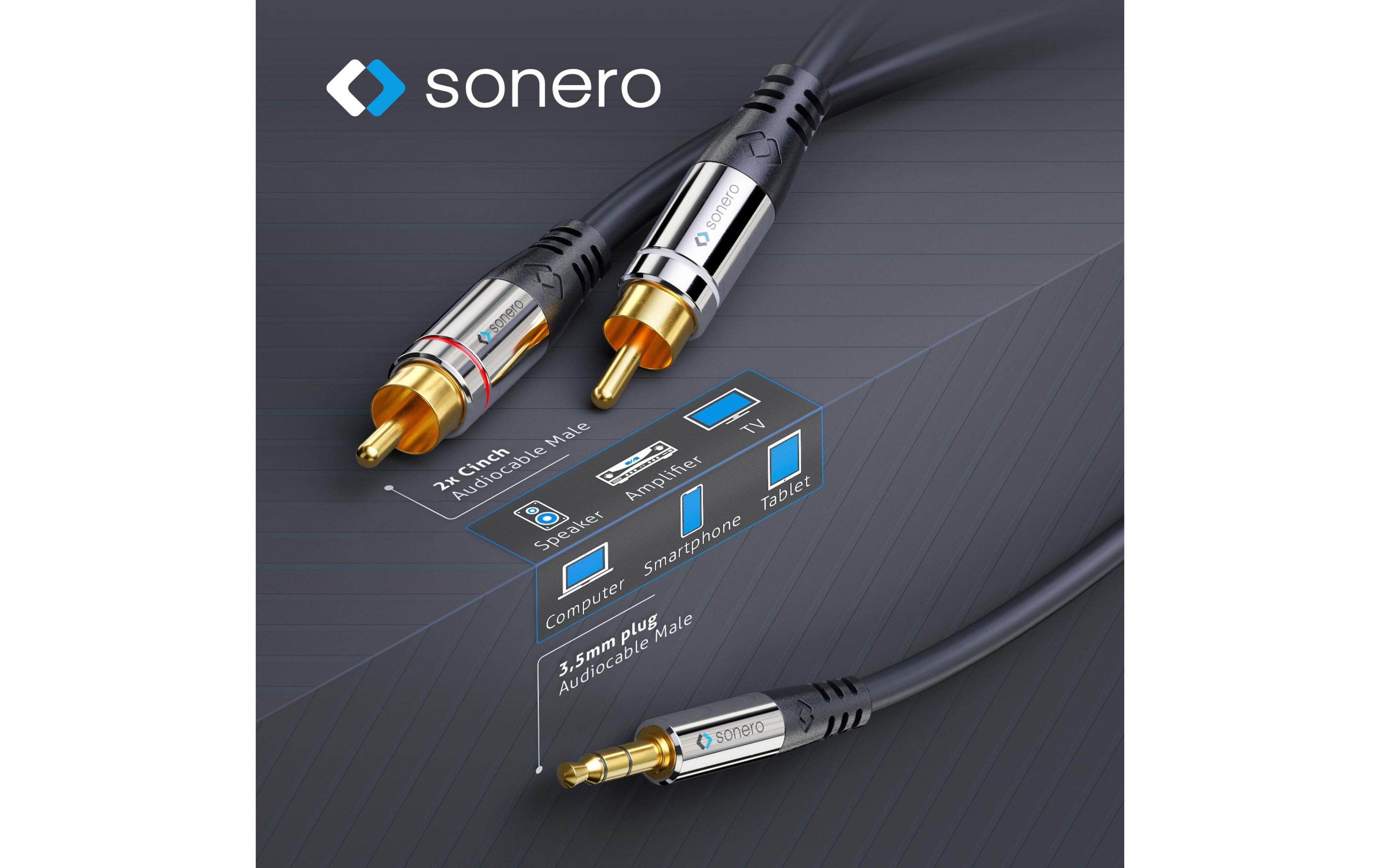 Deux fiches RCA et un câble audio jack 3,5 mm de Sonero.