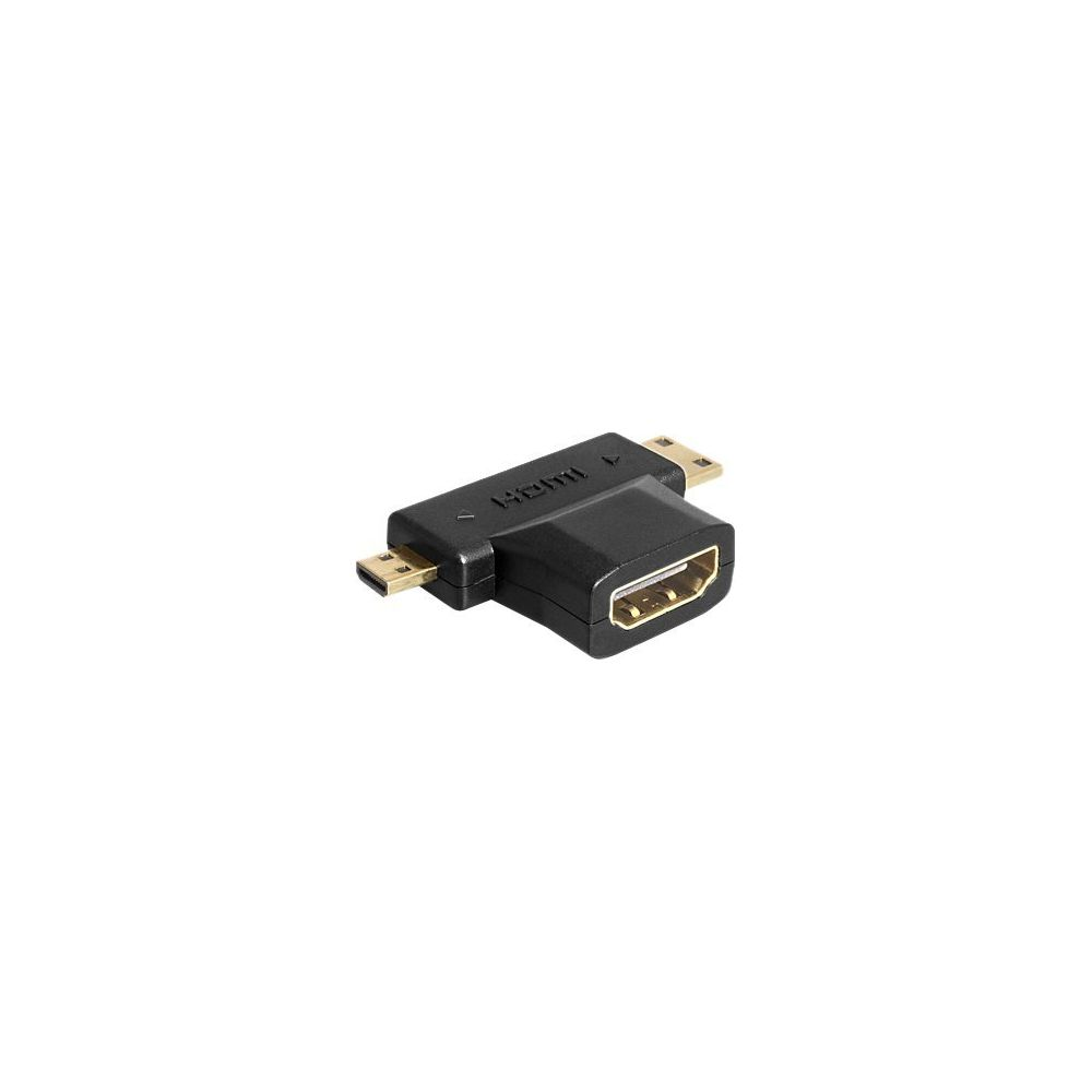Czarny adapter HDMI z dwoma portami micro HDMI i jednym portem HDMI.
