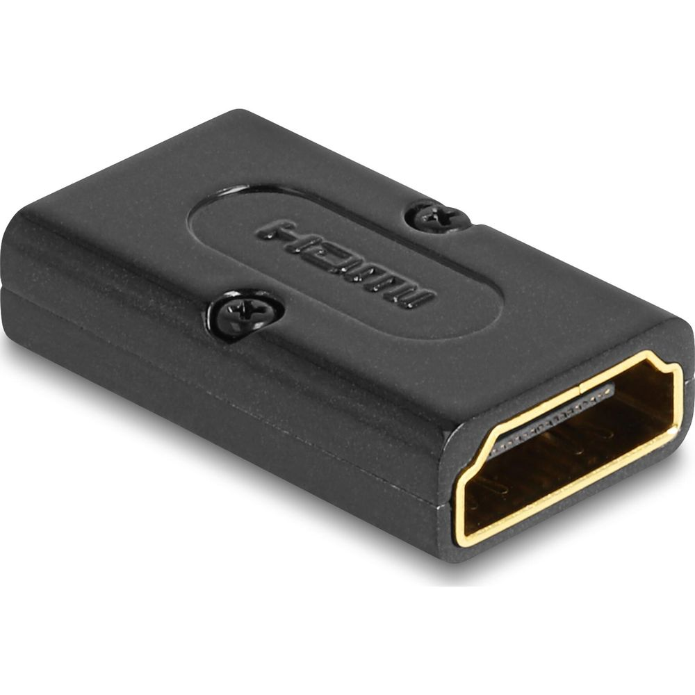 Adaptador HDMI negro con contactos dorados y tornillos en la parte superior.