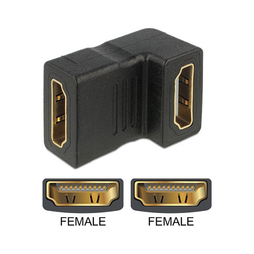 Adaptador HDMI negro de 90 grados con dos puertos hembra.