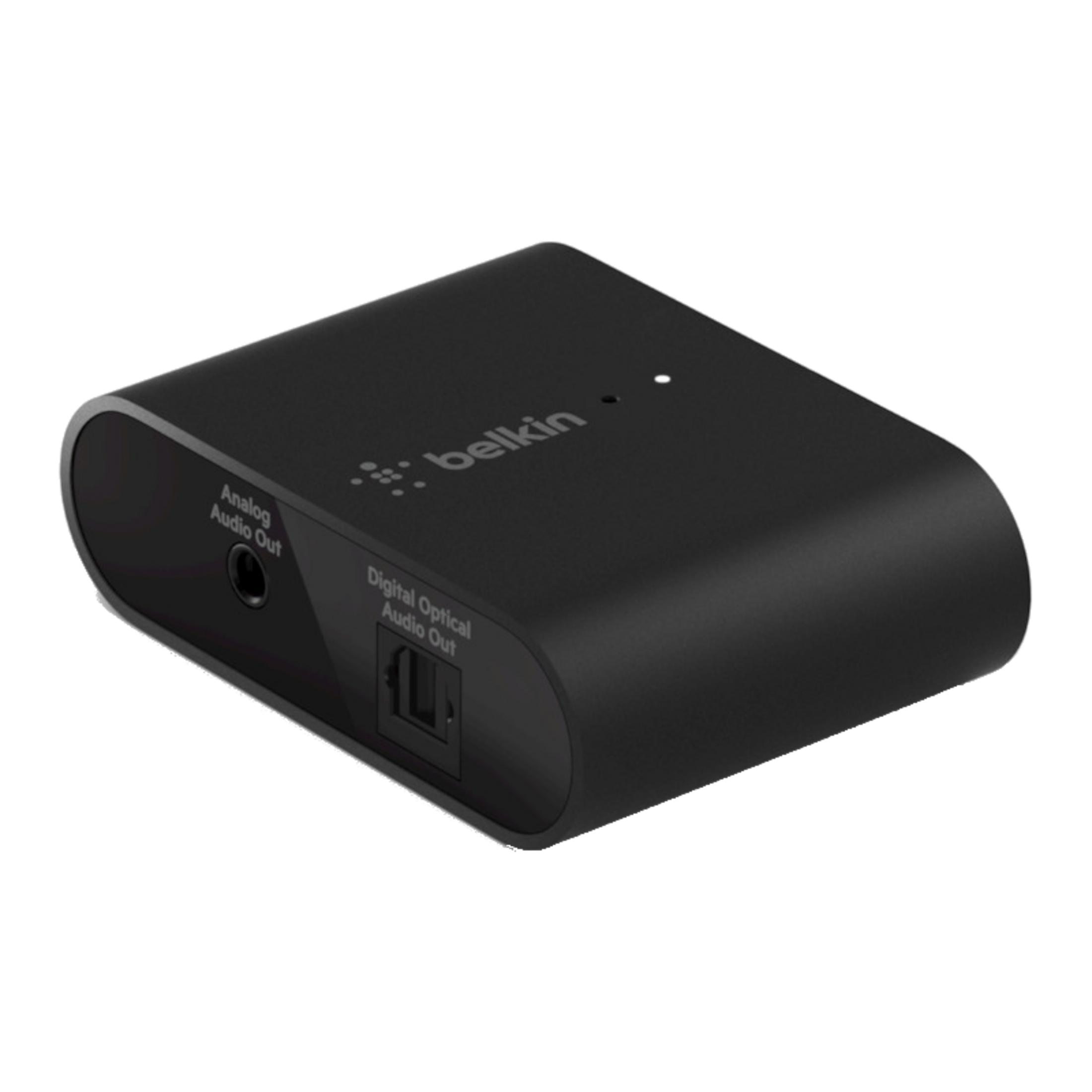 Schwarzer Belkin Audio-Adapter mit analogem und digitalem optischem Audioausgang.