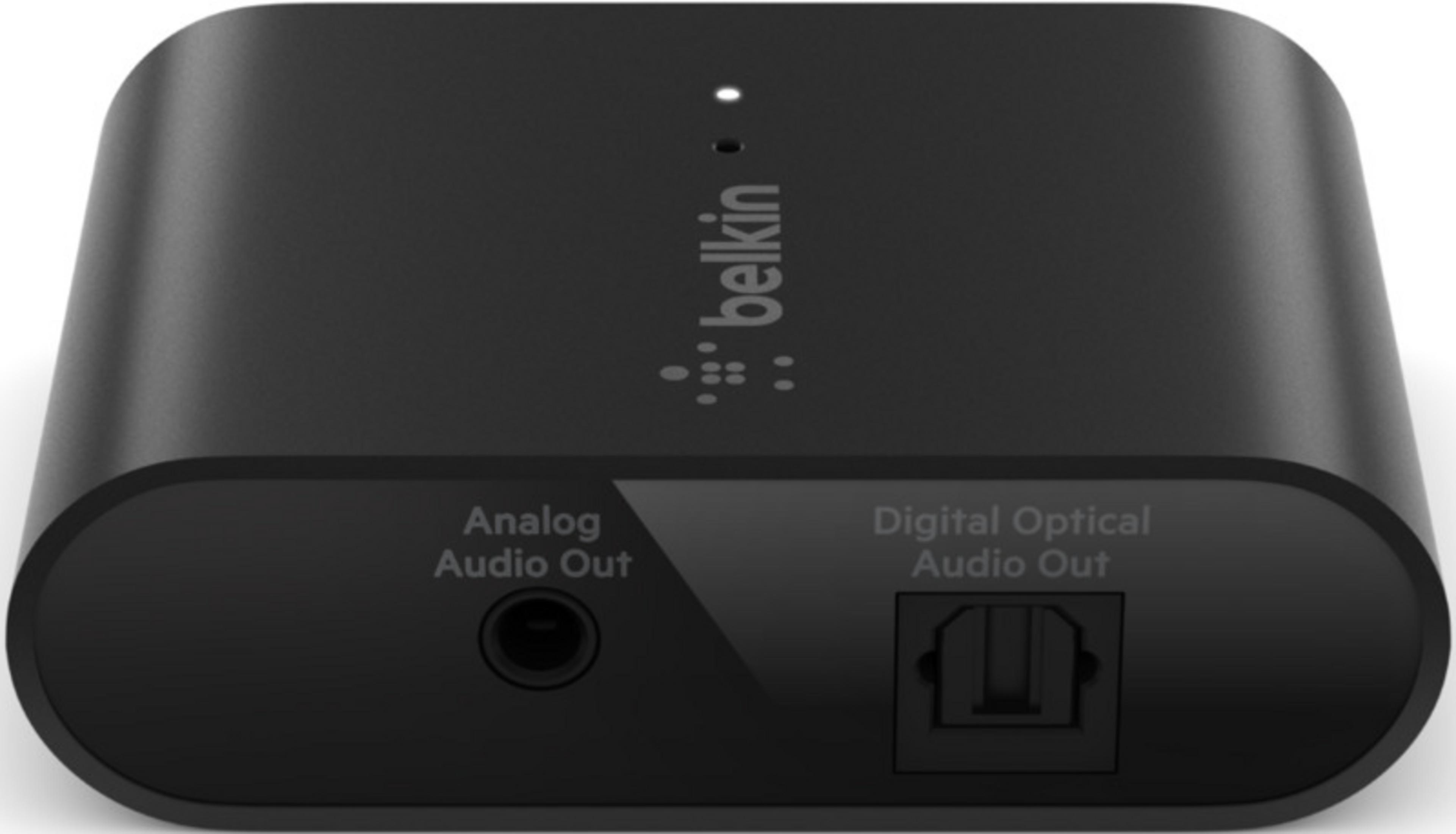 Schwarzes Belkin-Gerät mit Analog- und Digital-Audioausgängen.