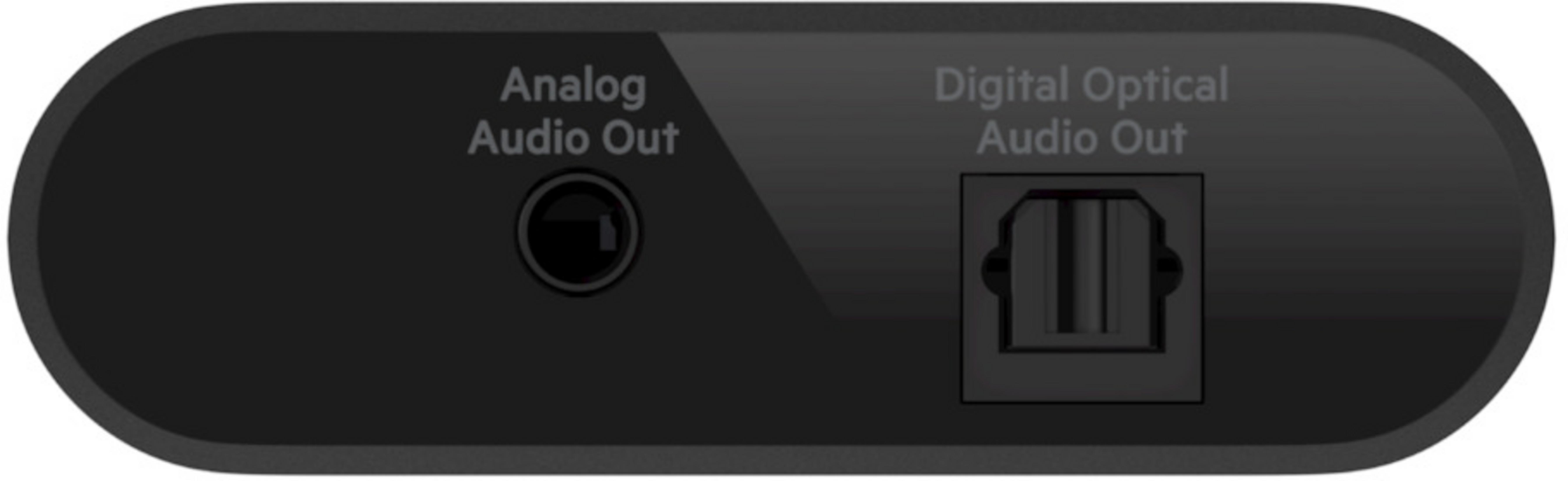 Schwarzes Gerät mit Anschlüssen für Analog- und Digital-Audioausgang.