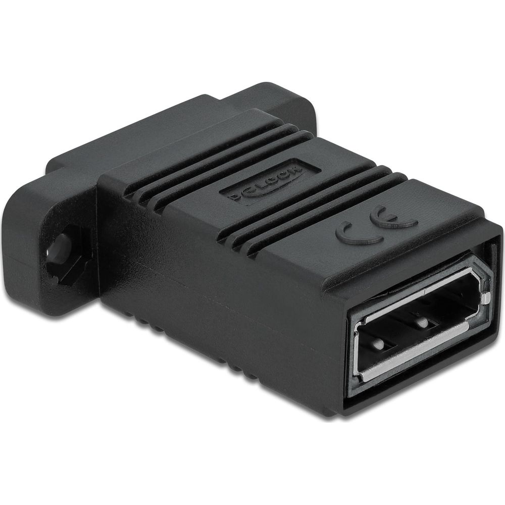 Adaptador negro con un puerto HDMI y un puerto VGA.