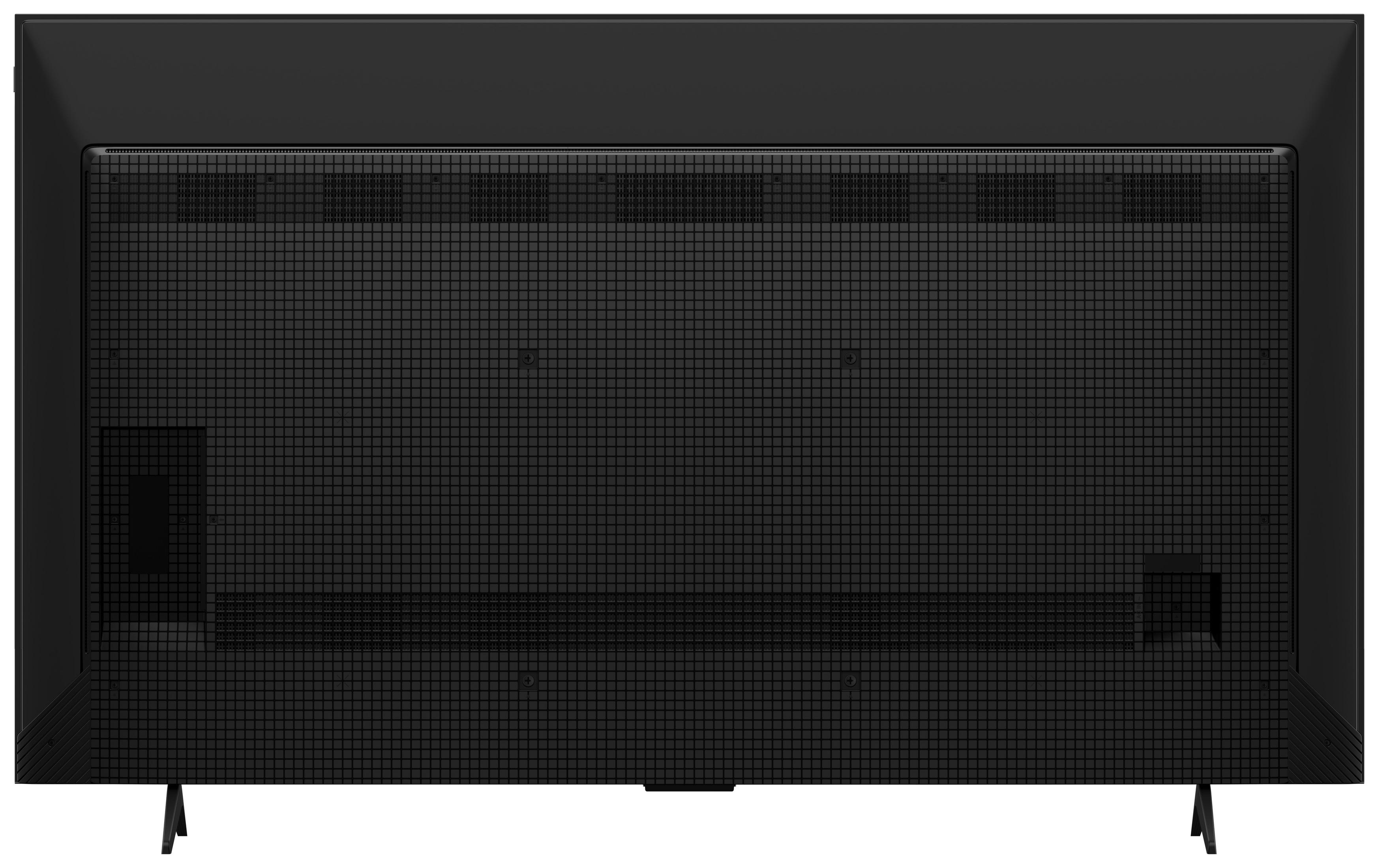 Tył czarnego telewizora z siatkowym wzorem i podstawkami.