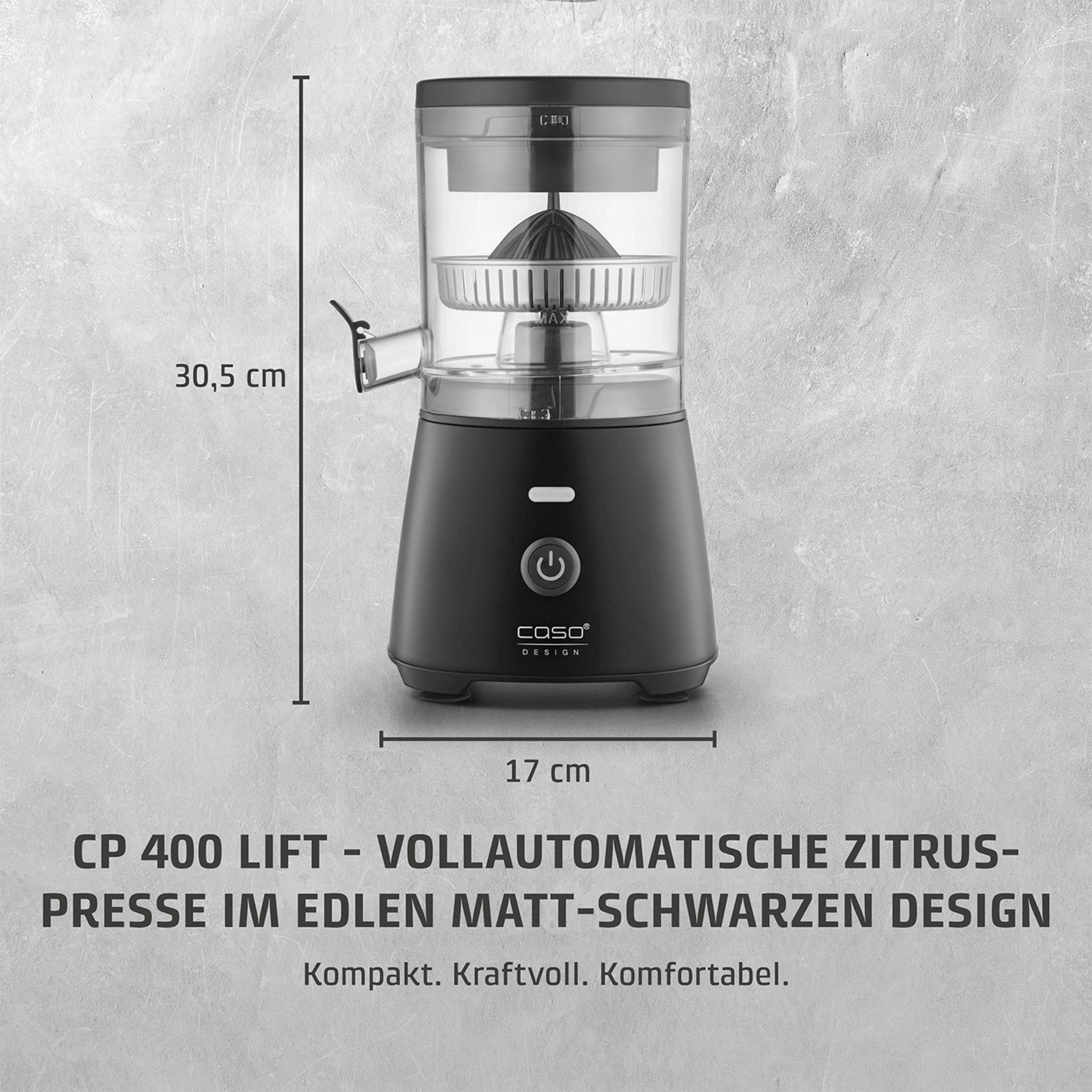 Una spremiagrumi automatica nera con contenitore trasparente e dimensioni.