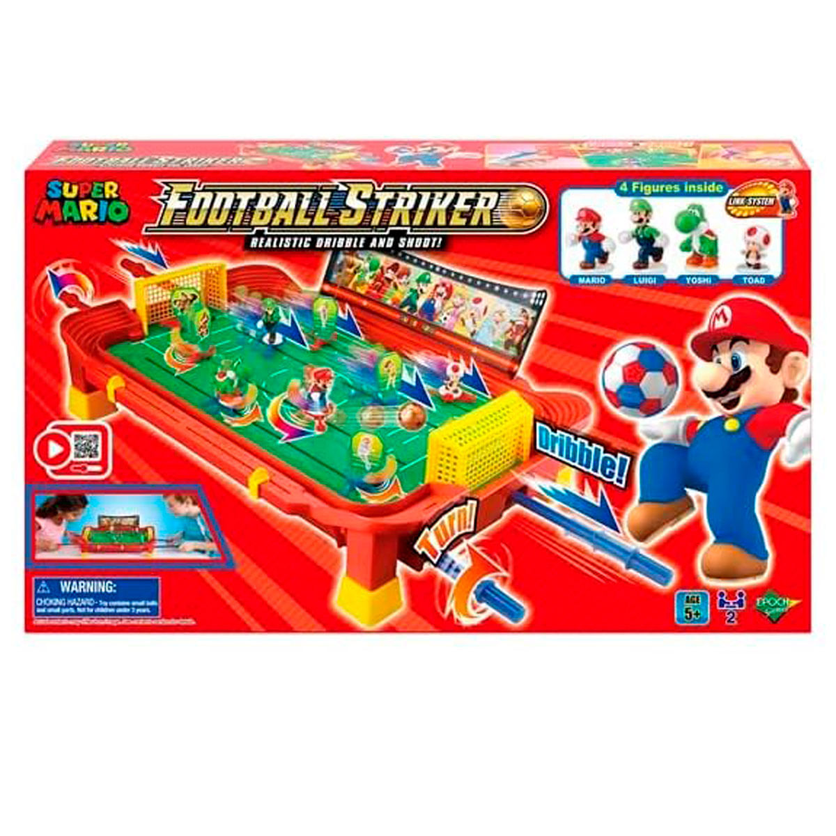 Scatola giocattolo Super Mario Football Striker con Mario che calcia un pallone.