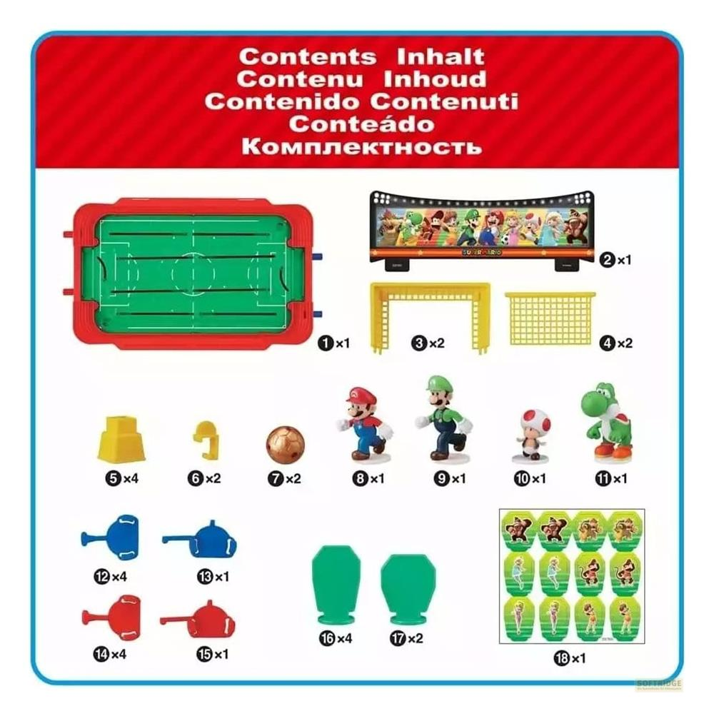 Set di gioco Nintendo con campo, figure e accessori in rosso, verde e giallo.