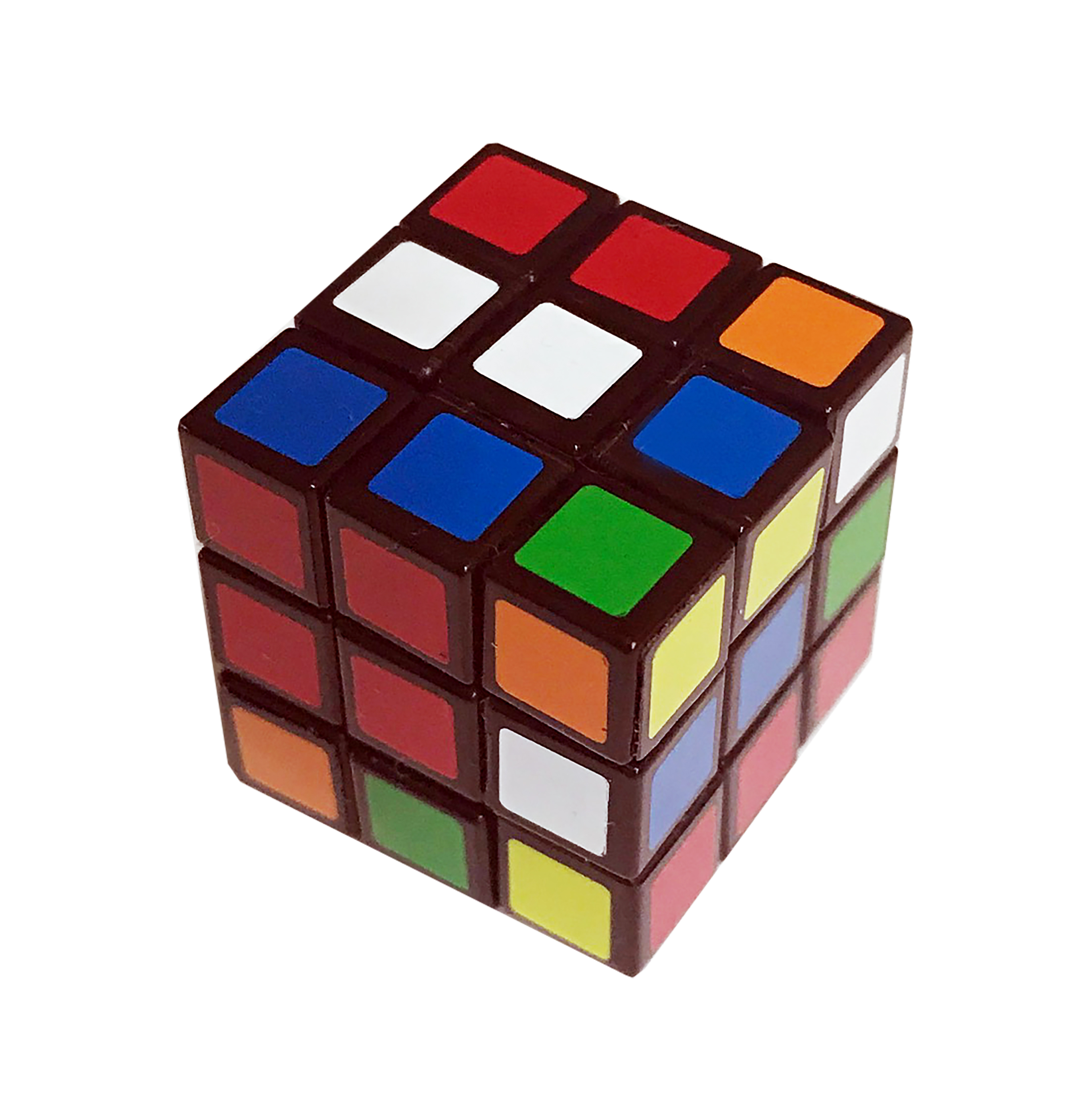 Ein 3x3 Zauberwürfel mit braunem Rahmen und bunten Feldern.