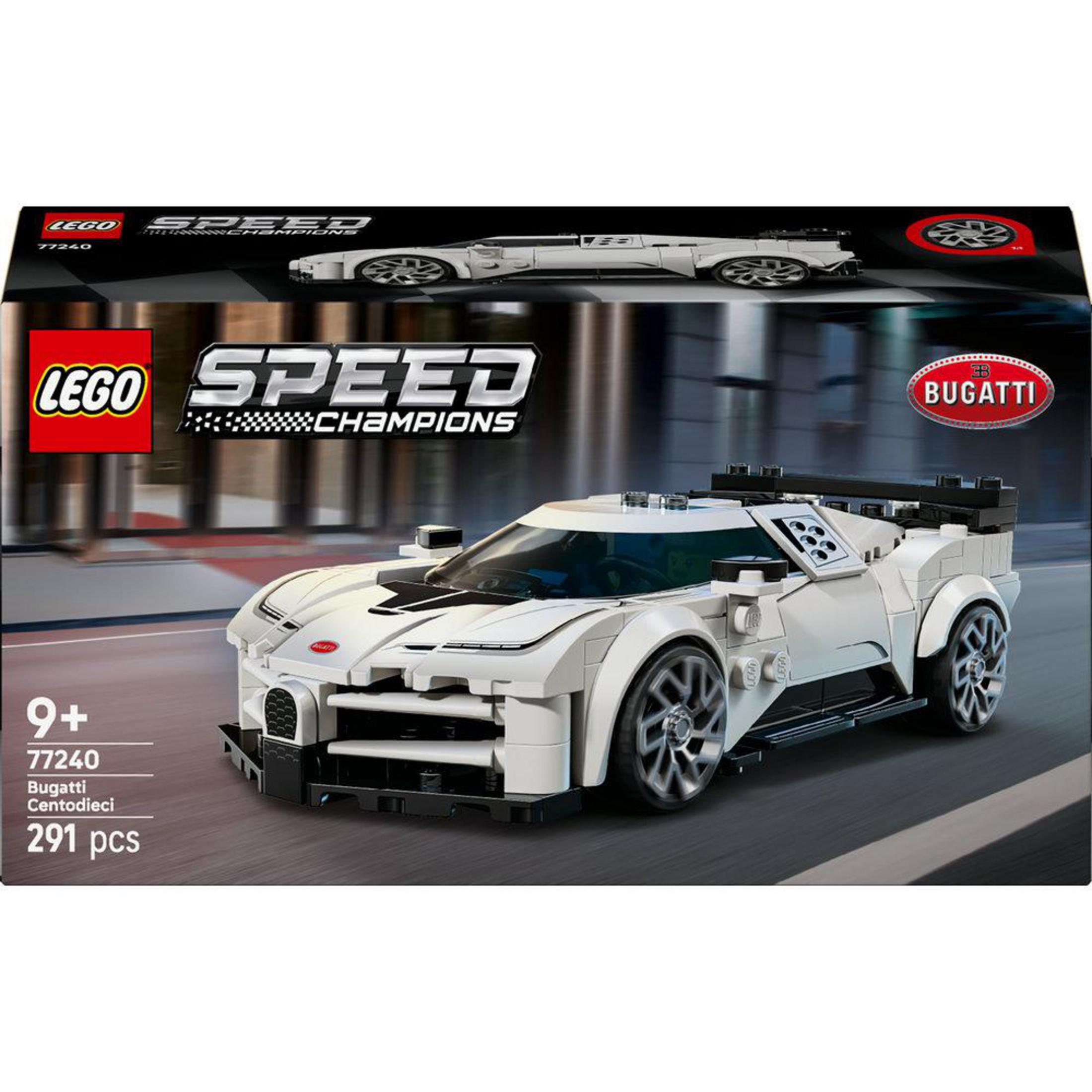 Białe pudełko LEGO Bugatti Centodieci z modelem samochodu. 291 elementów.