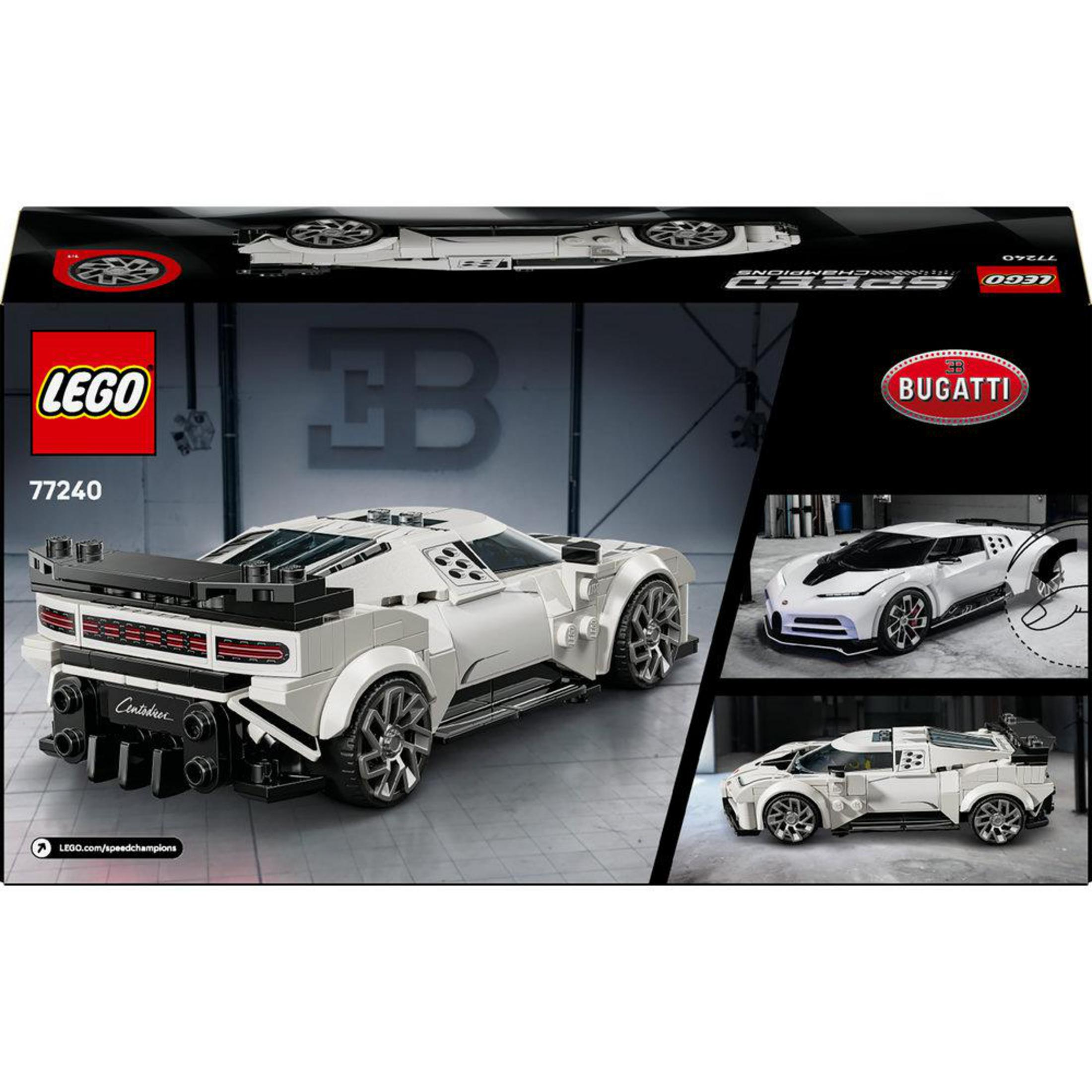 Model samochodu LEGO Bugatti Centodieci na pudełku, białe opakowanie zabawki sportowej.