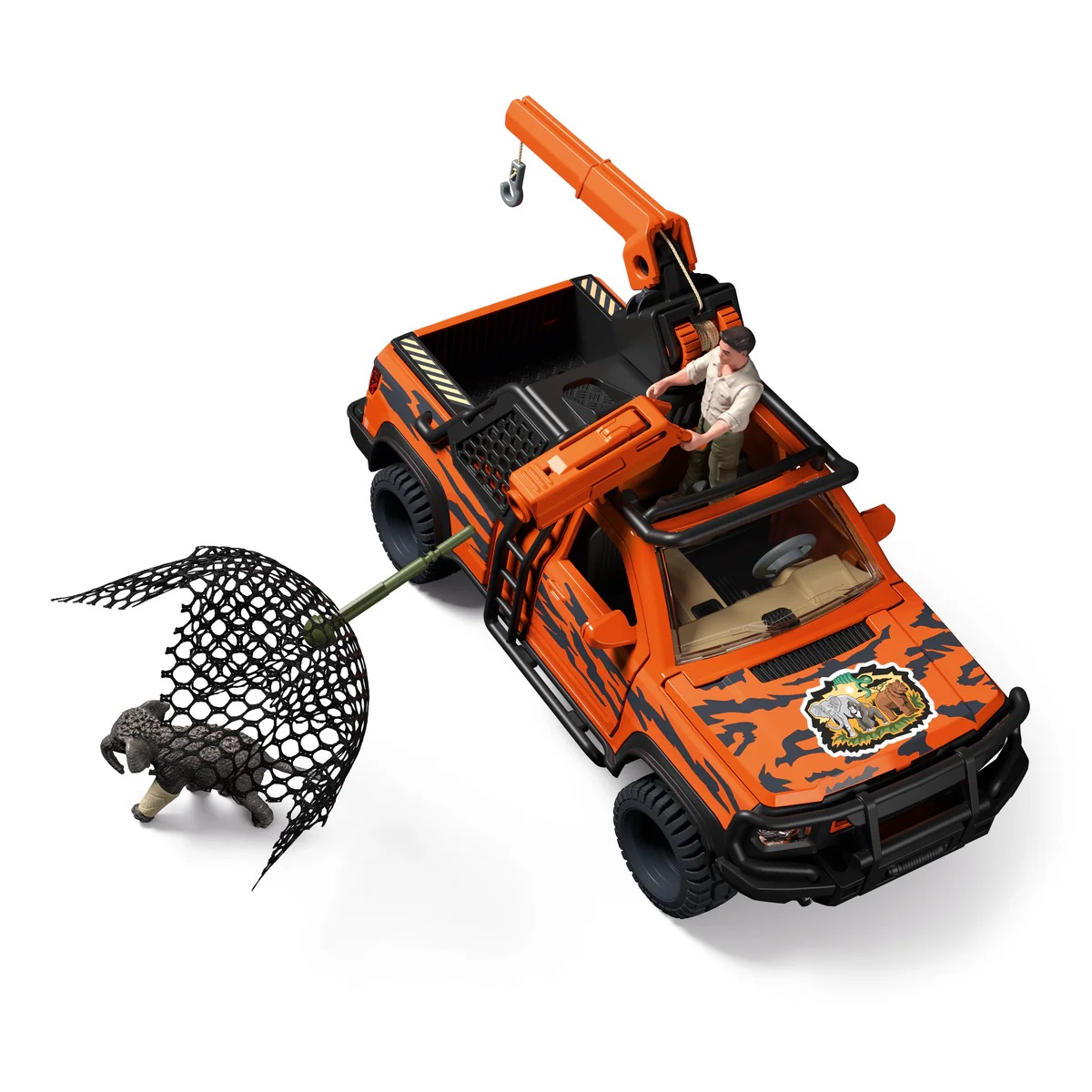 Ein orangefarbener Spielzeug-Jeep mit Tigerstreifen und einem Kran fängt ein Nashorn mit einem Netz.